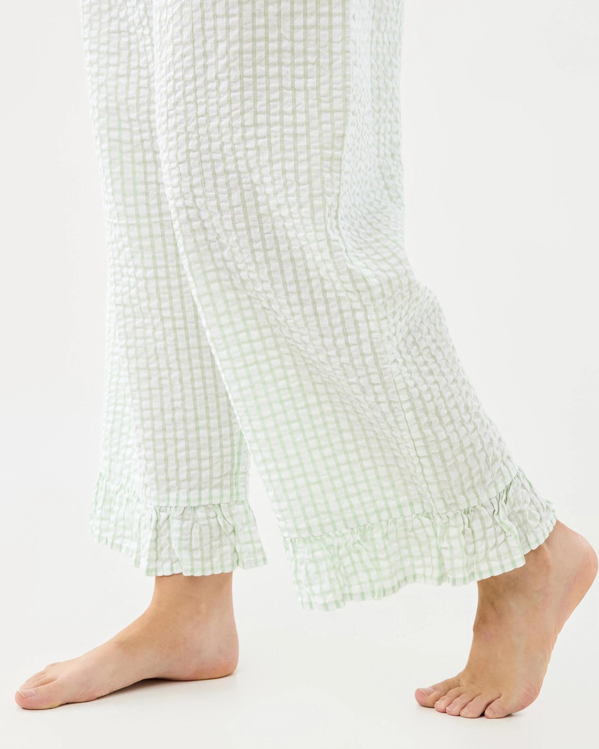 9 Yarn Dyed Cotton Seersucker Woven Frill Pyjama Set Gingham, 9 of 9