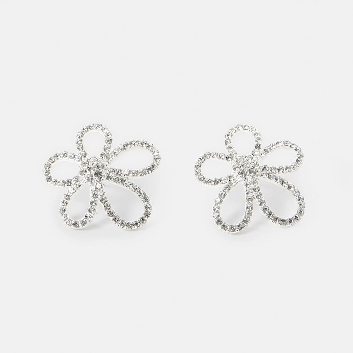 2 Diamante Flower Stud Earrings - Silver Tone Silver, 2 of 5