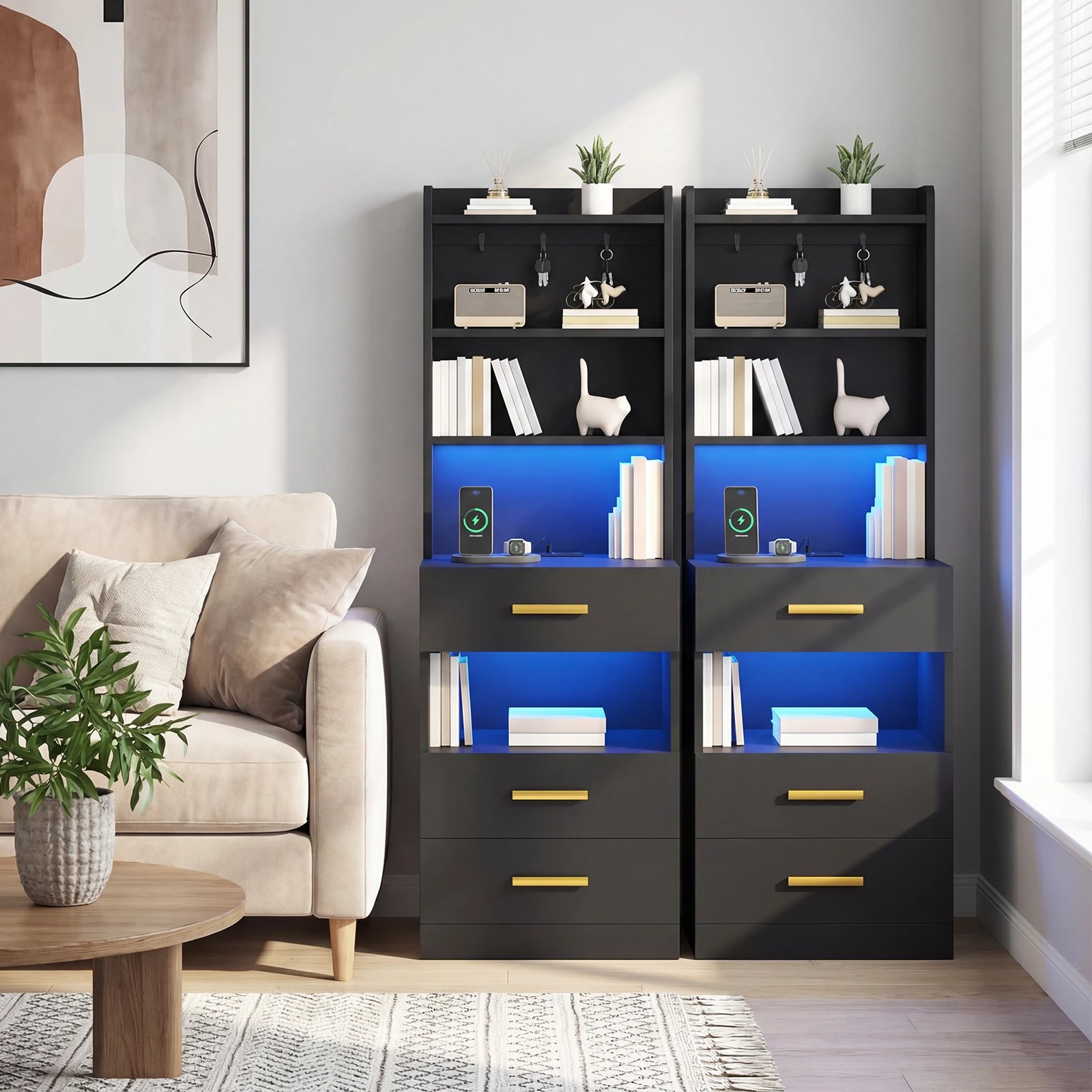2 Advwin Set of 2 Tall Bedside Table with Charging Station LED Lights 3 Drawers - Black, 2 of 9