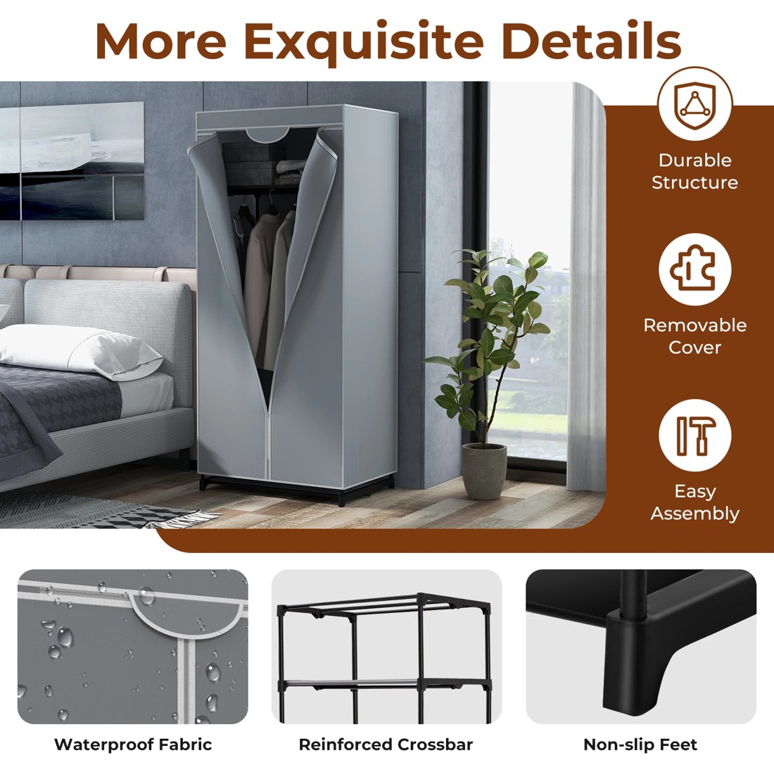 6 Costway Fabric Wardrobe Folding Garment Cabinet Clothes - Grey, 6 of 8