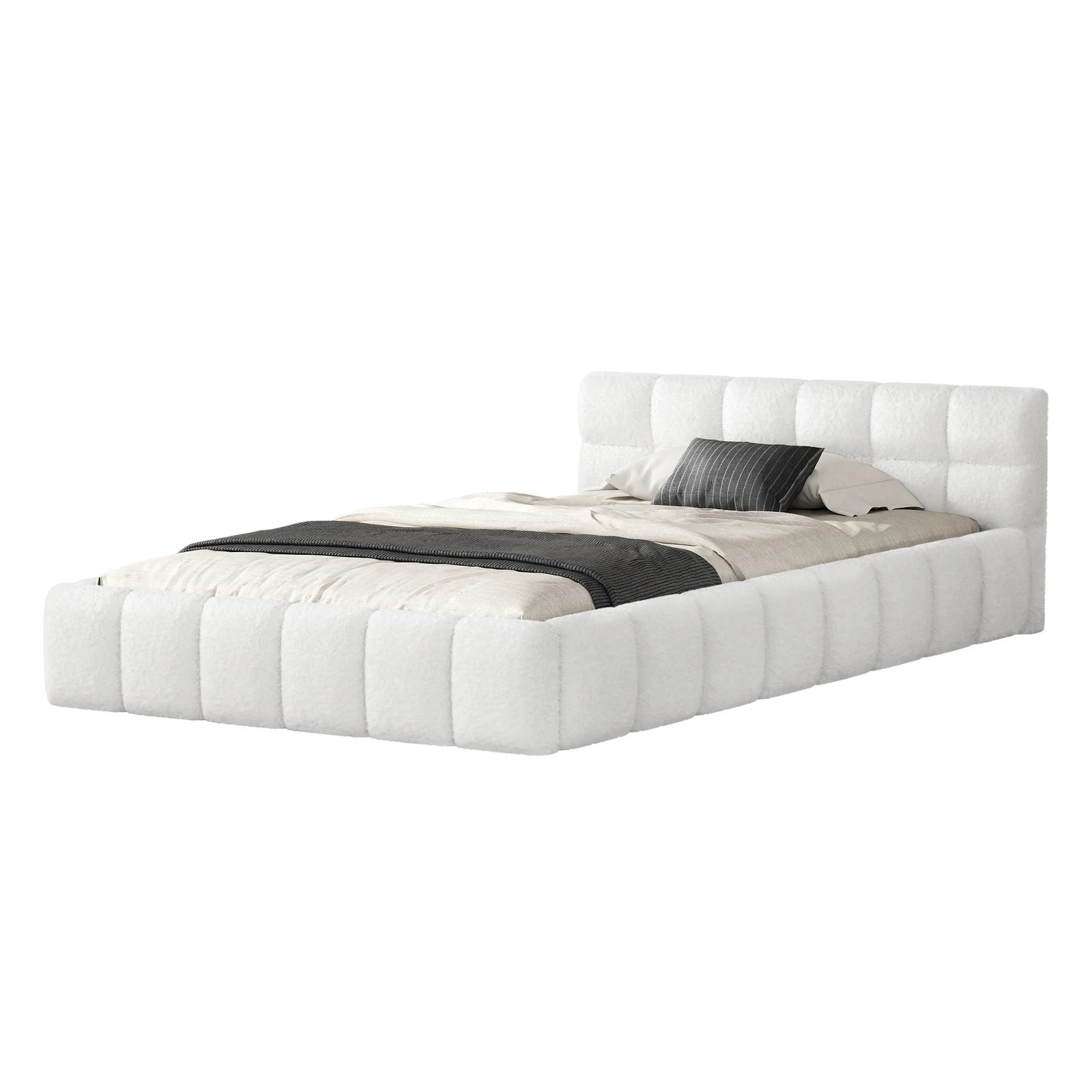 1 Alfordson Bed Frame King Single Tufted Headboard Foundation Boucle Talmon - White, 1 of 10