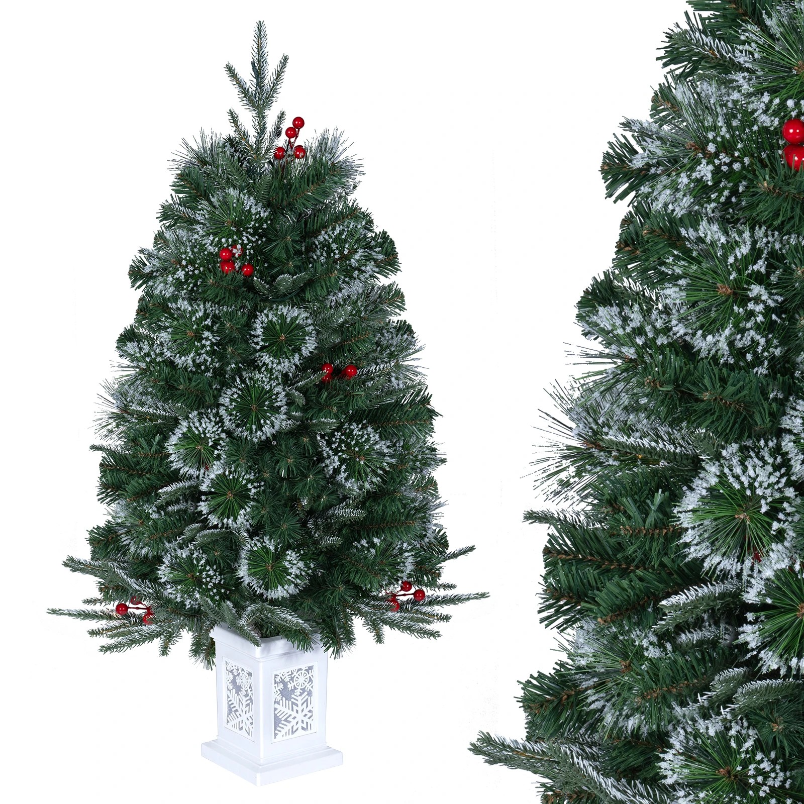6 Costway 90cm Pre-Lit Potted Christmas Tree Artificial Frosted Xmas Tree w/Red Berries, 6 of 6