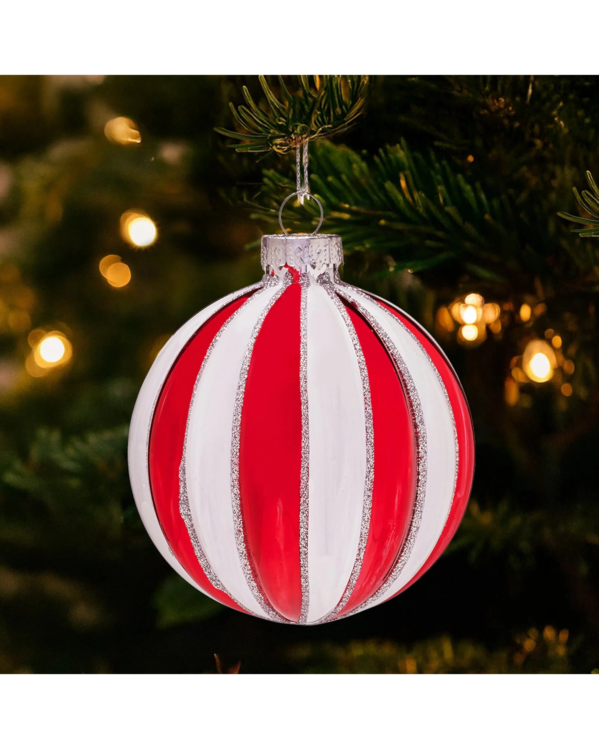 4 Christabelle Box of 6 Red and White Glass Baubles with Stripe Pattern - Red, 4 of 4