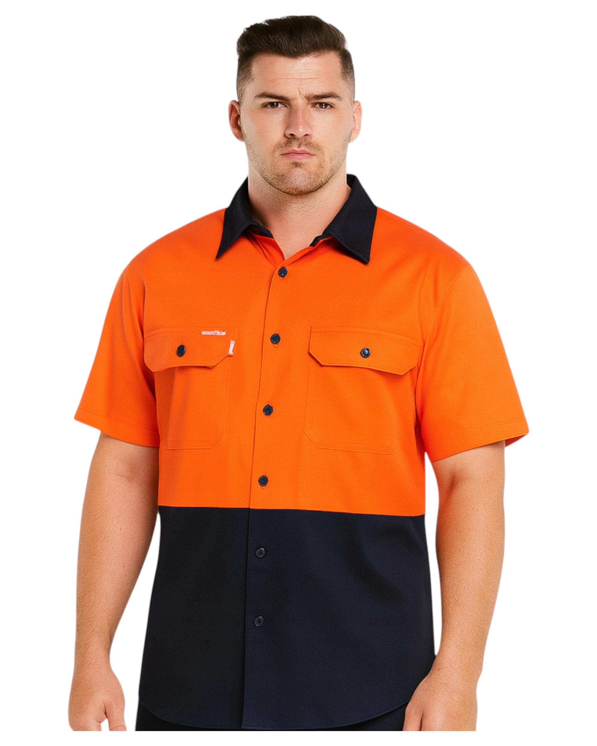 3 Hard Yakka 3 Pack Core Hi Vis 2 Tone Short Sleeve Lightweight Vented Shirt ORANGE/NAVY, 3 of 6