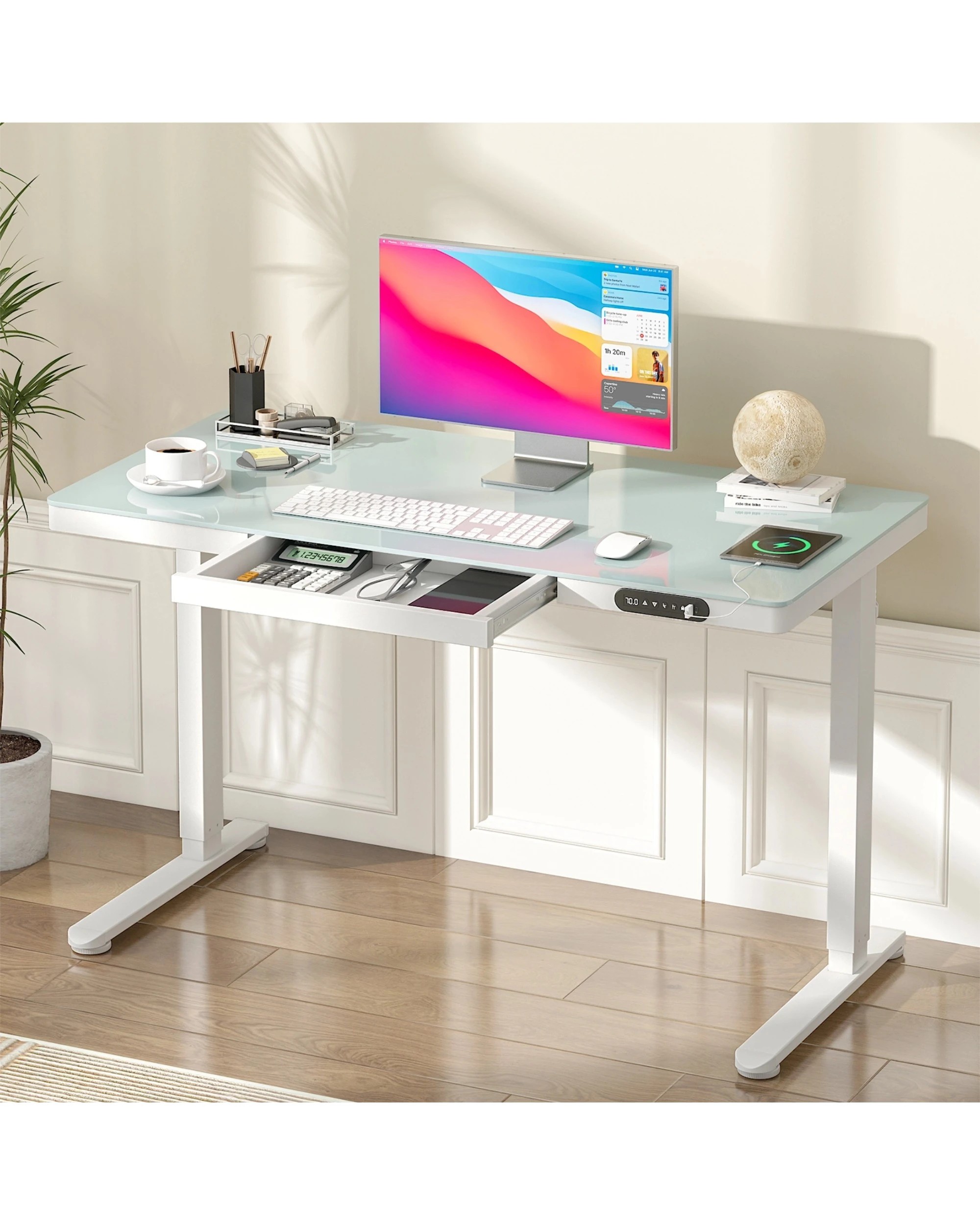 2 Advwin Electric Standing Desk with Drawer One-piece Glass Desktop - White, 2 of 2