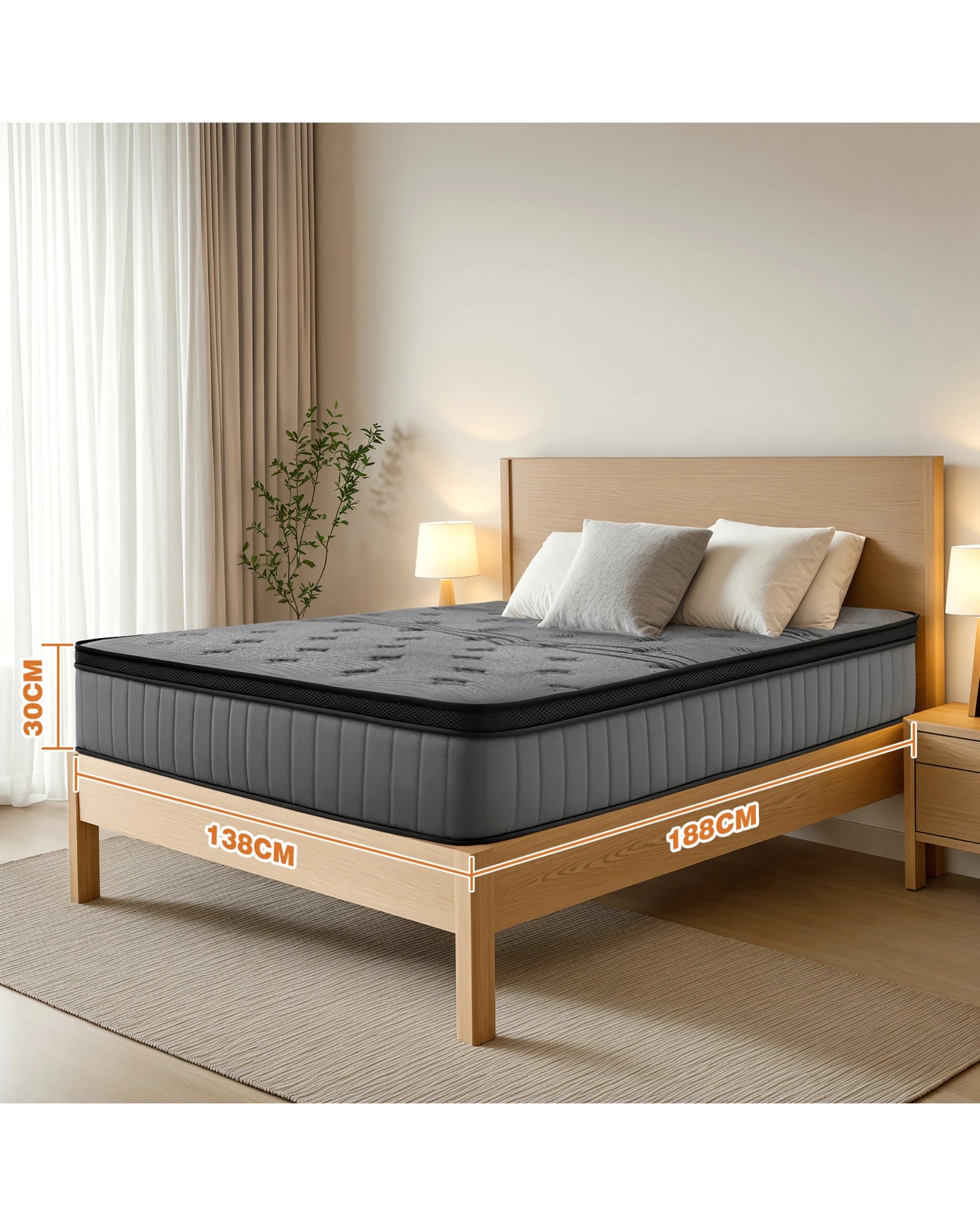 3 Advwin Mattress Double Medium Firm Bed Top Pocket Spring 30cm - Grey, 3 of 4