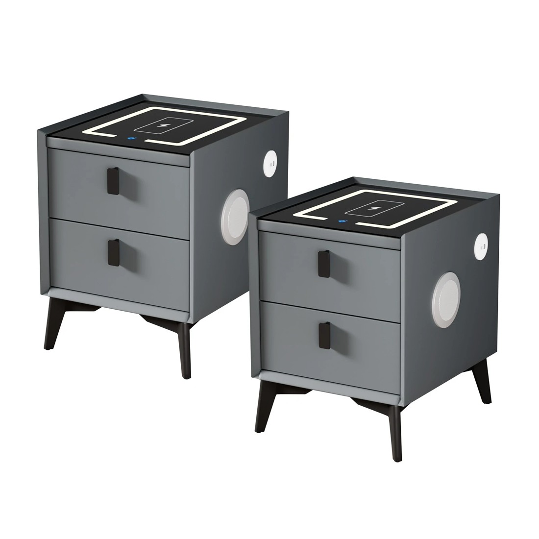 1 Oikiture Set of 2 Smart Bedside Tables Wireless Charging LED Nightstand Drawers - Grey, 1 of 7
