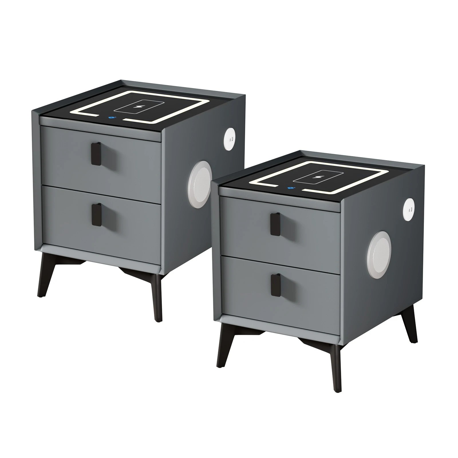1 Oikiture Set of 2 Smart Bedside Tables Wireless Charging LED Nightstand Drawers - Grey, 1 of 7