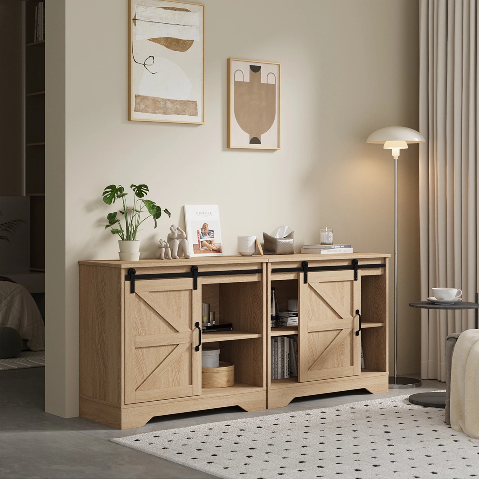 4 Oikiture 2x Buffet Sideboard Storage Cabinet Sliding Door - Natural, 4 of 9