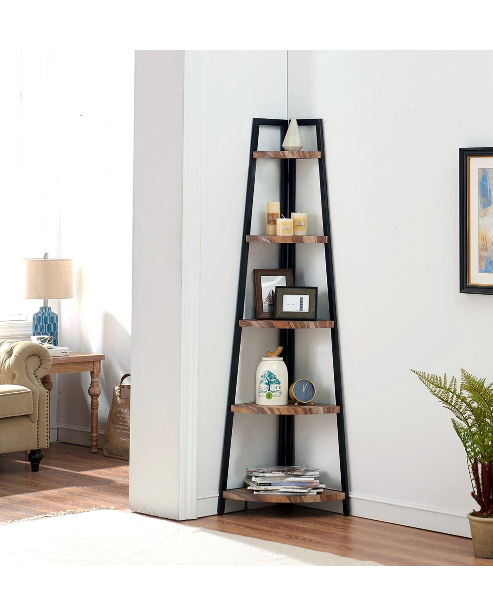 2 IHOMDEC 5 Tier A-Shaped Corner Bookcase - Brown, 2 of 6