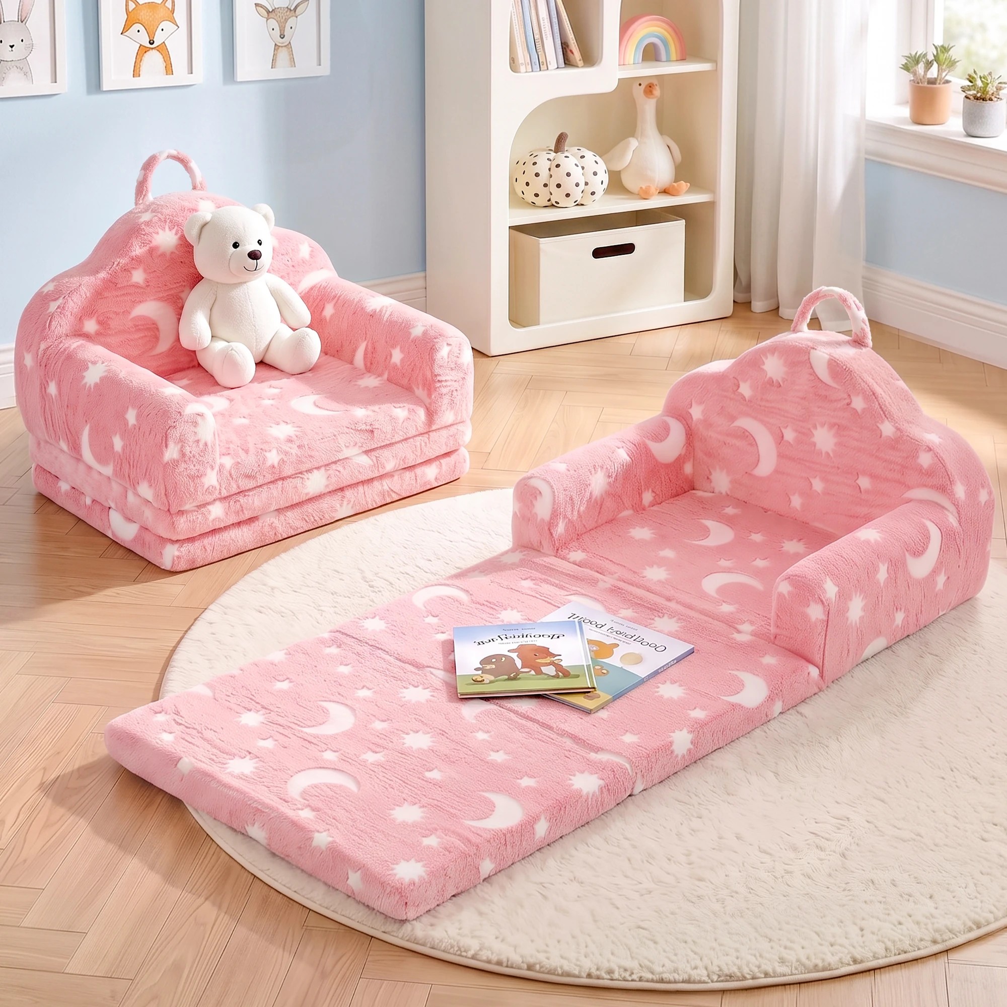 2 Keezi Kids 2-in-1 Sofa Bed Toddler Fold Out Couch Removable Washable Cover - Pink, 2 of 9