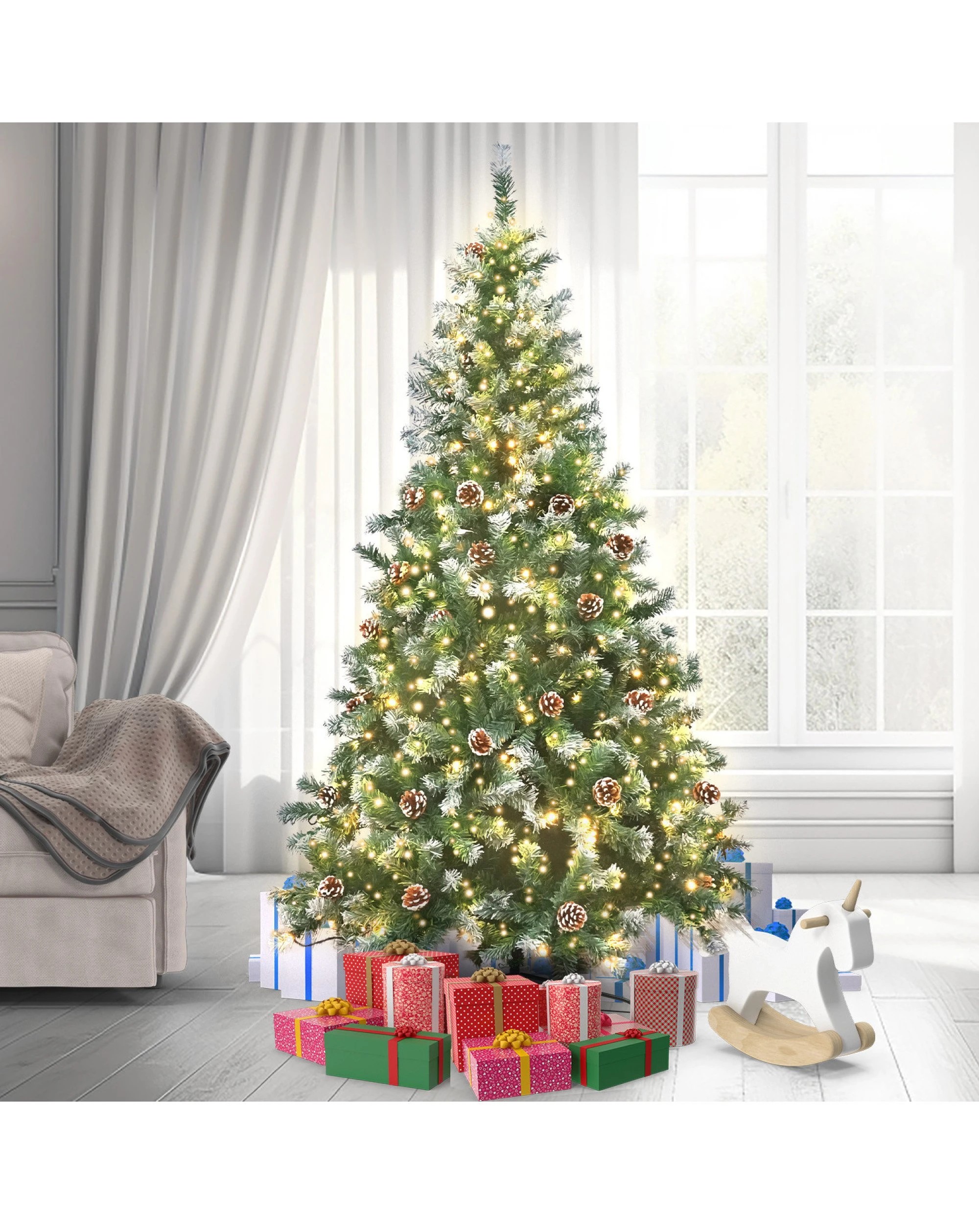 2 Christabelle 2.4m Pre-Lit LED Artificial Christmas Tree with Snow Tipped Needles Pine Cones Stand, 2 of 10