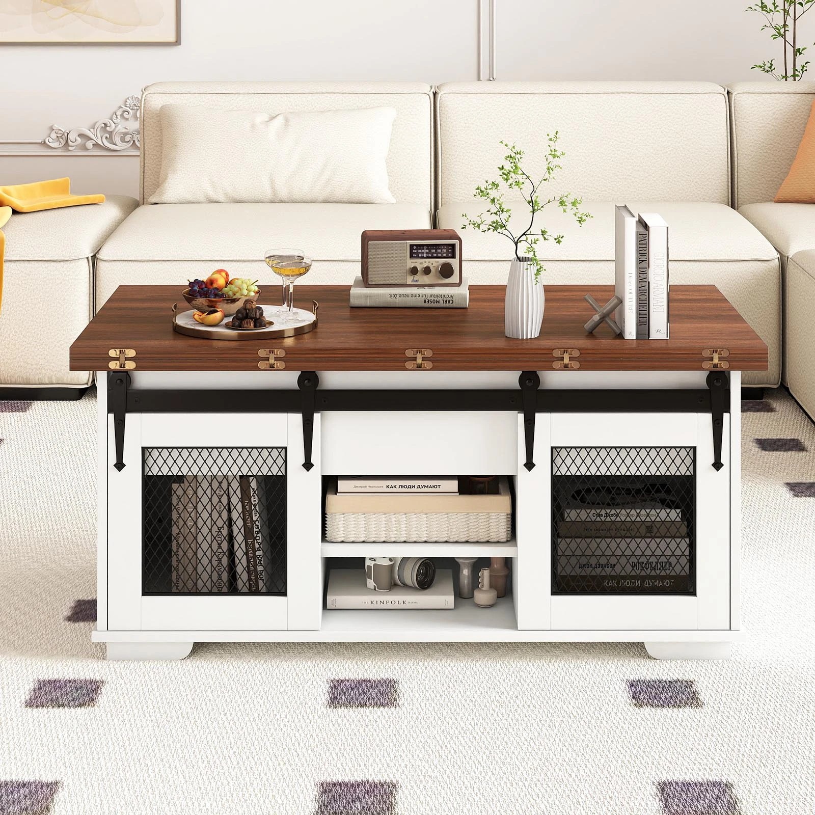 5 Costway Lift Top Coffee Table 3-in-1 Dining Table Farmhouse Center Table - Brown, 5 of 7