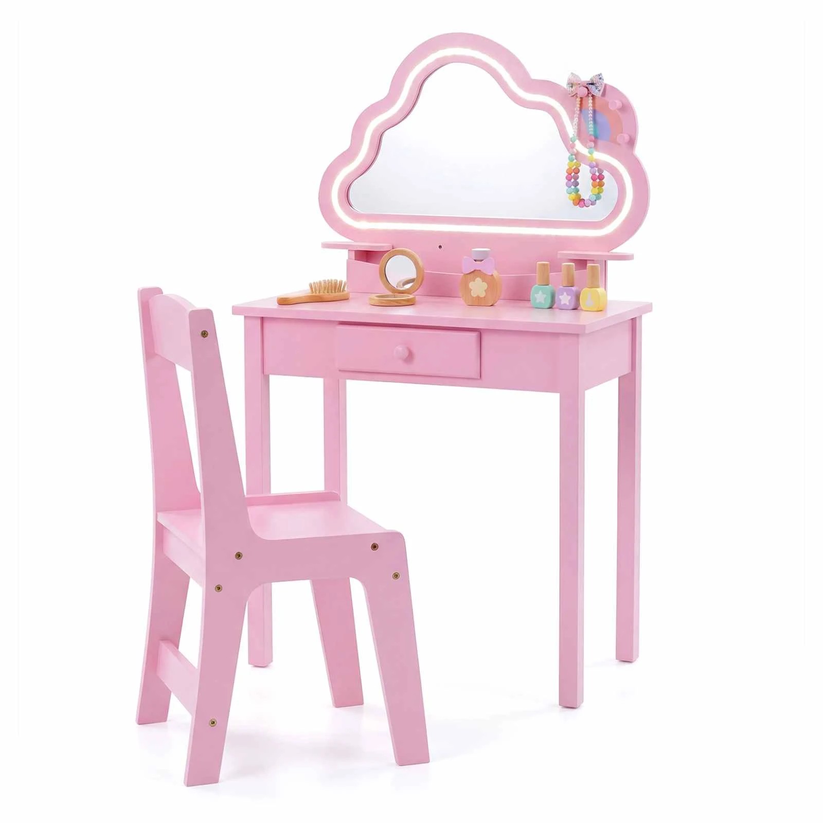 1 Costway Vanity Set Lighted Cloud Mirror 2-in-1 Princess Makeup Dressing Table Chair - Pink, 1 of 3