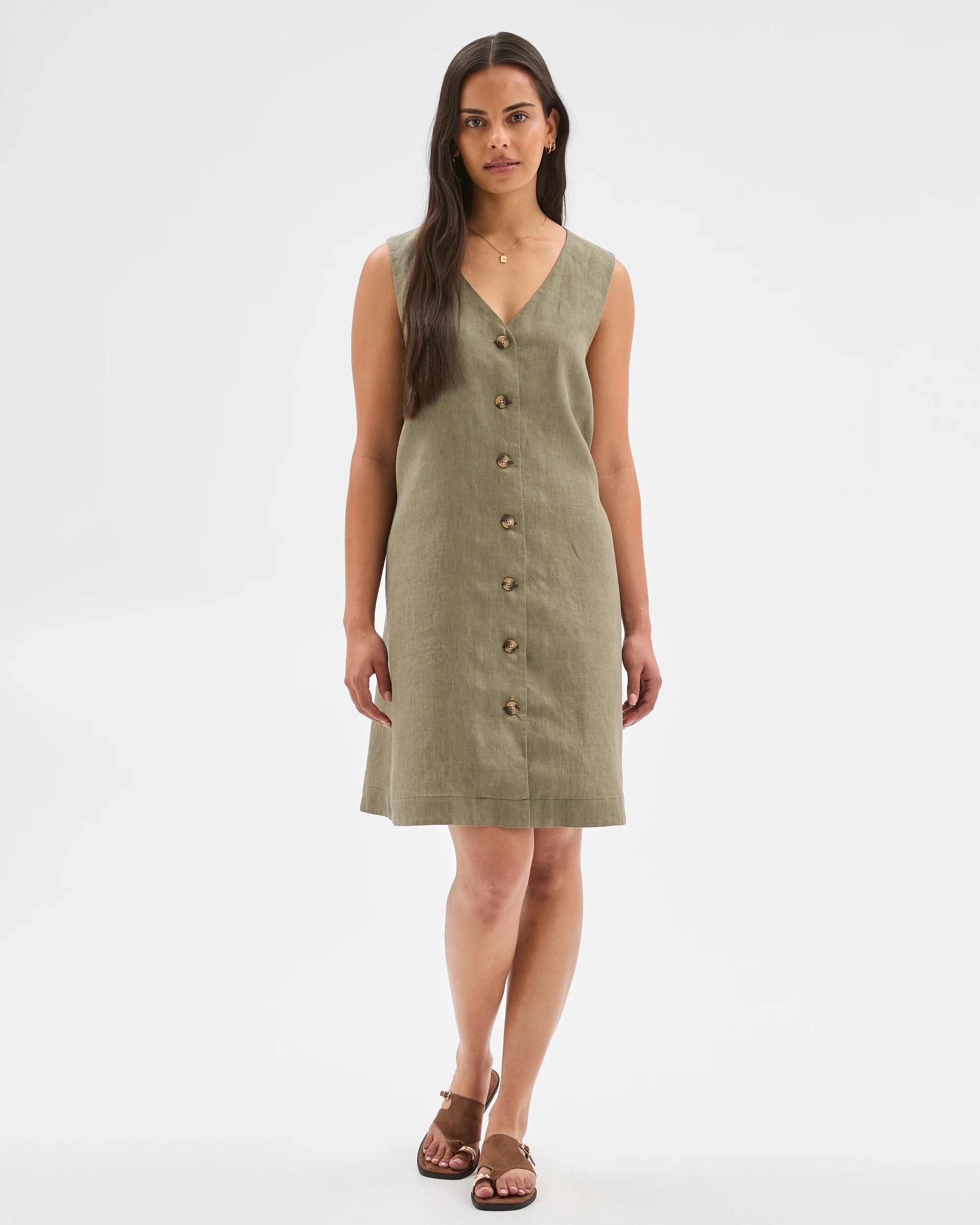 1 Target Woman European Linen Button Front Mini Dress DUSTY OLIVE, 1 of 6