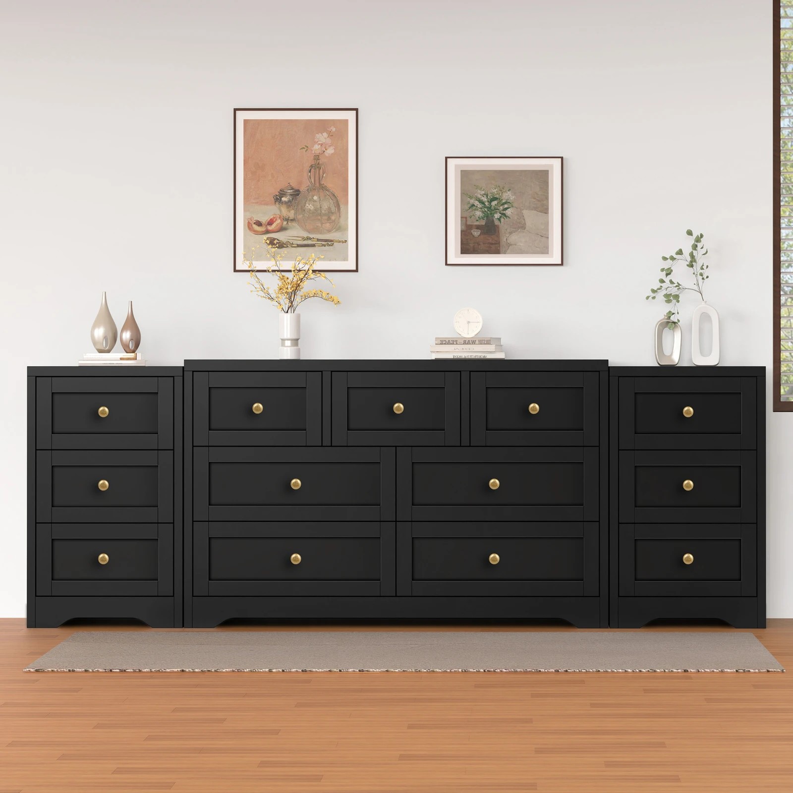 2 Alfordson 7 Chest of Drawers 2x Bedside Table Bedroom Storage Hamptons - Black, 2 of 10