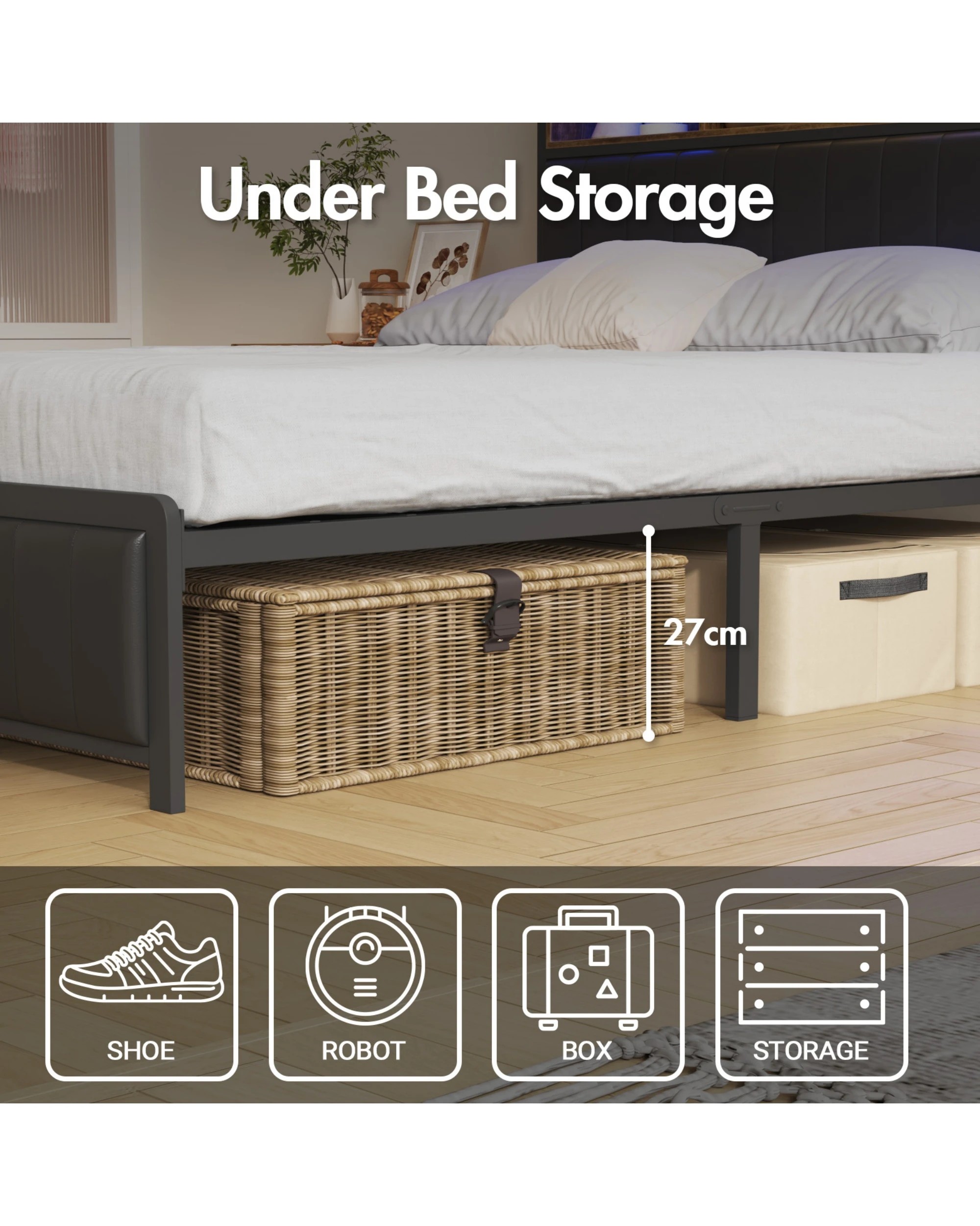 6 Advwin Double Bed Frame With Charging Station & Led Storage Bookcase, 6 of 6