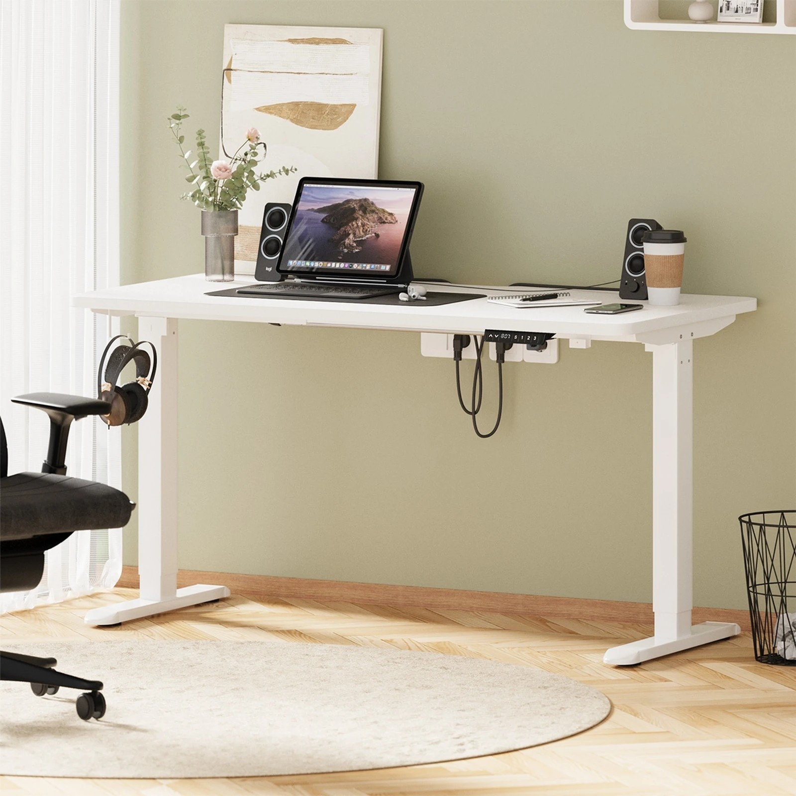 2 Oikiture Electric Standing Desk With Wireless Charging Single Motor 140cm
 - White, 2 of 4