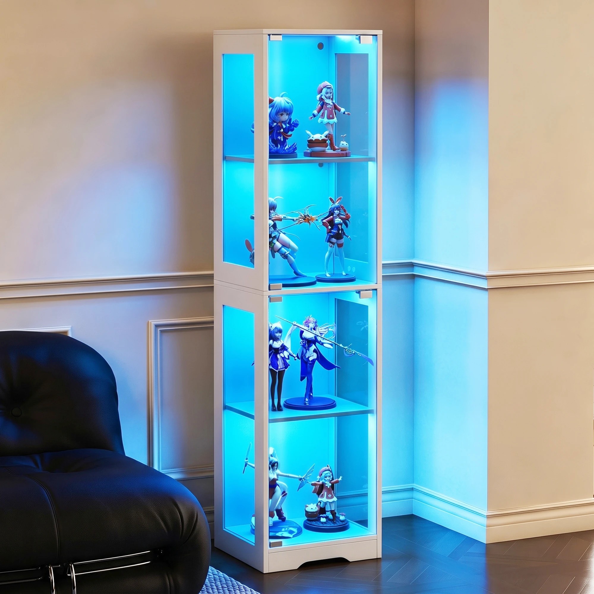 1 Advwin 4 Tier LED Glass Display Cabinet 160cm High Tall Storage Bookshelf - White, 1 of 9