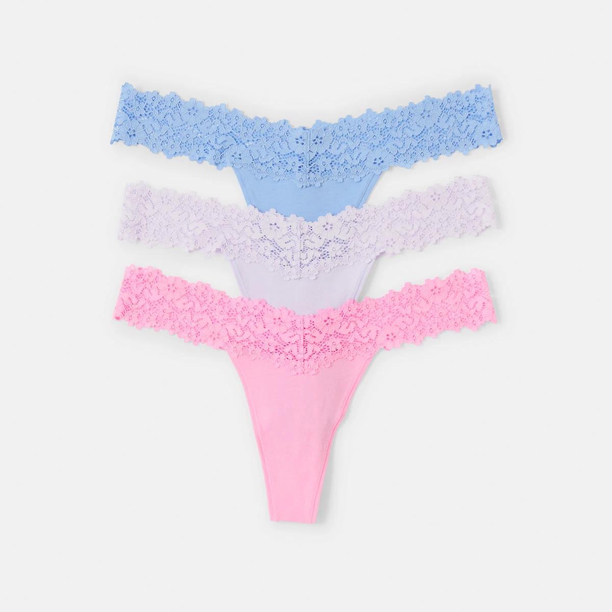 1 3 Pack Cotton Lace G-String Briefs Bl Ff Hy, 1 of 8