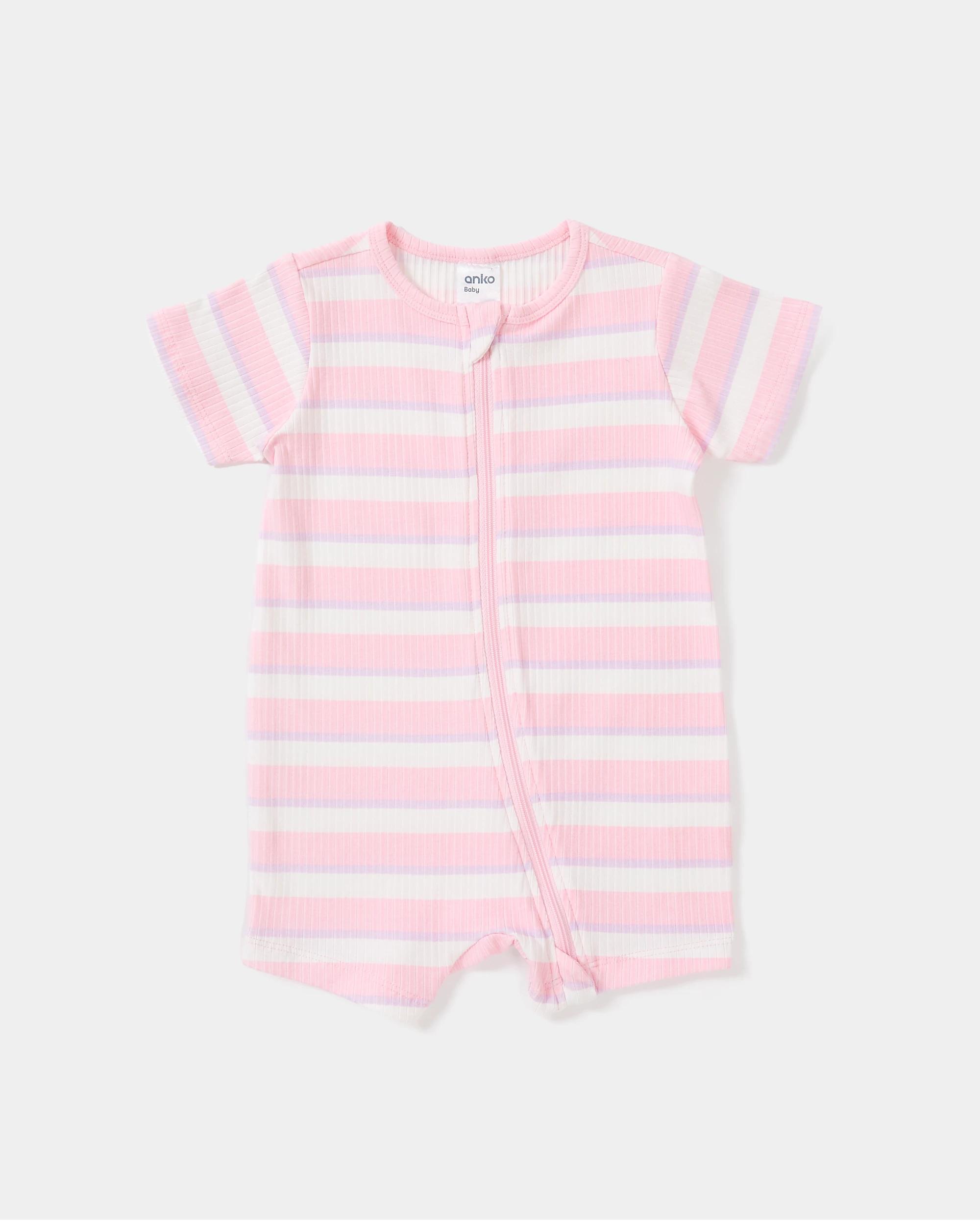 1 Short Sleeve Rib Zip Romper Stripe, 1 of 3