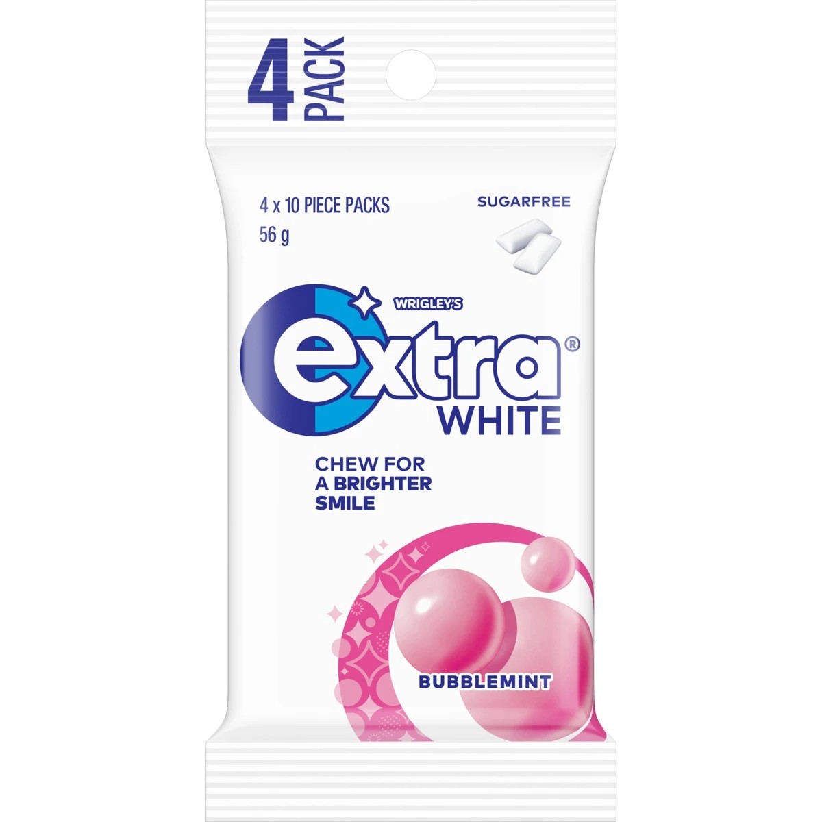 1 4 Pack Wrigley's Extra White Bubblemint Sugar Free Chewing Gum 56g, 1 of 4