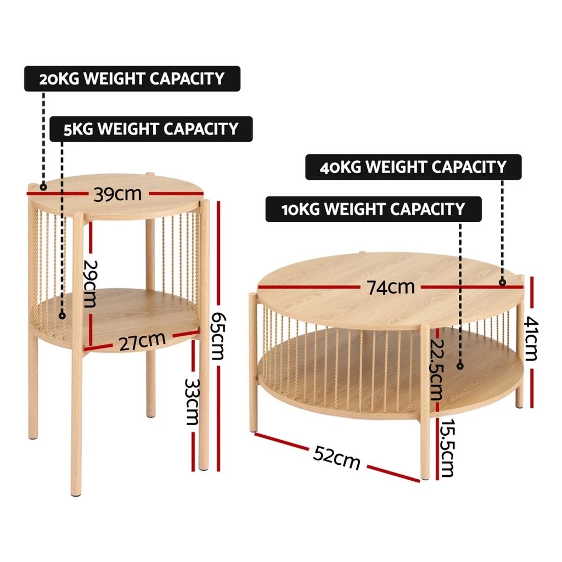 1 Artiss Coffee Table 2-Tier Round Wood - Natural, 1 of 8