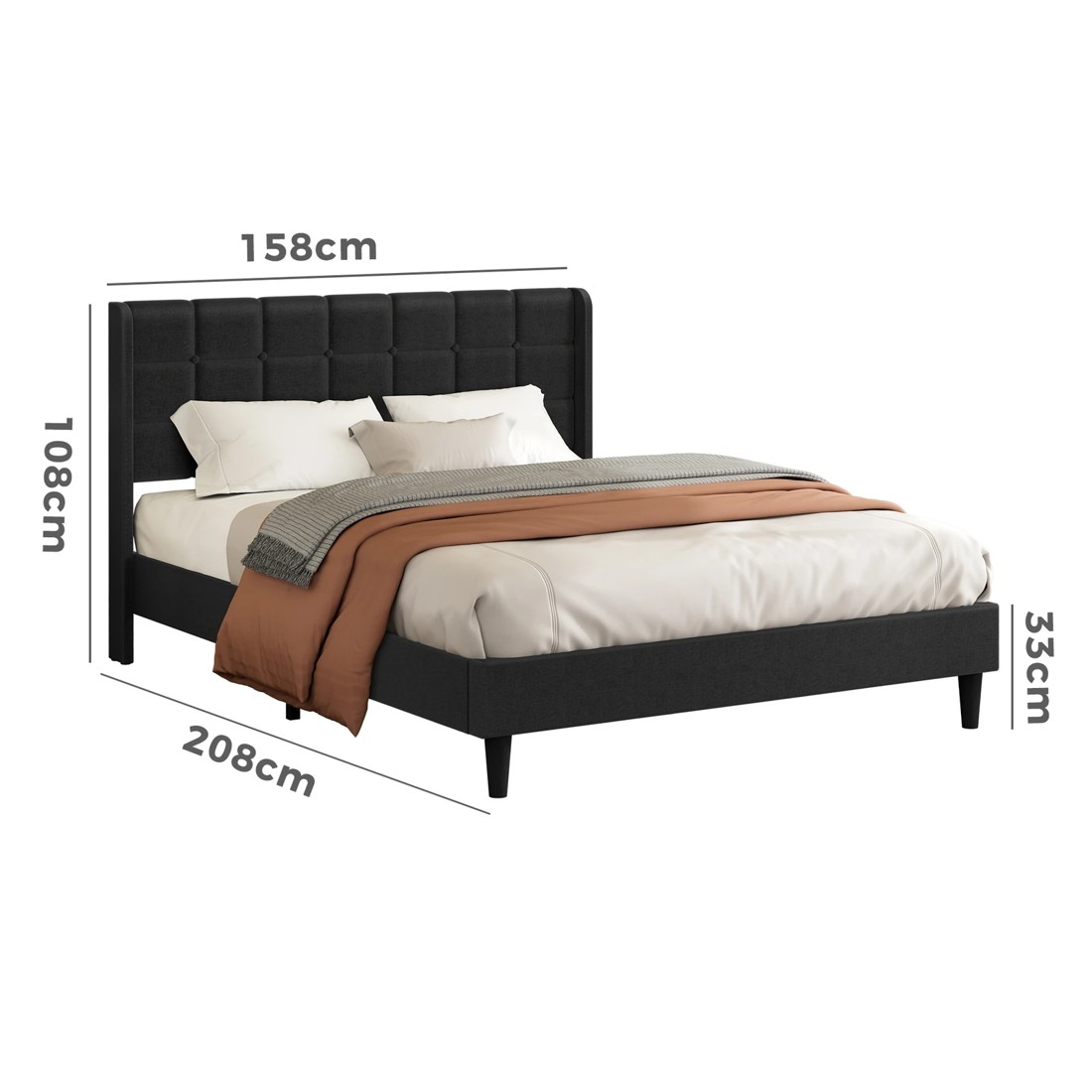 10 Alfordson Bed Frame Queen Size Upholstered Wingback Base Fabric Sarah - Charcoal, 10 of 10