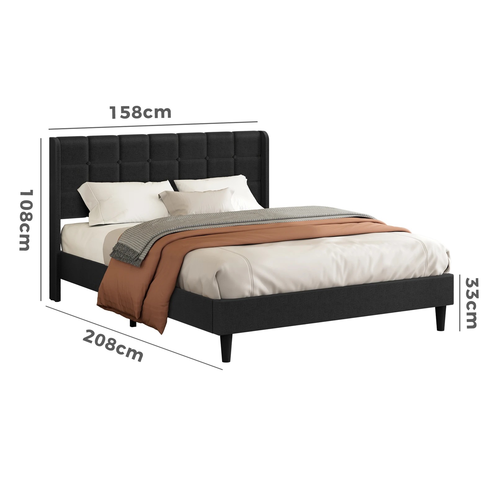 10 Alfordson Bed Frame Queen Size Upholstered Wingback Base Fabric Sarah - Charcoal, 10 of 10