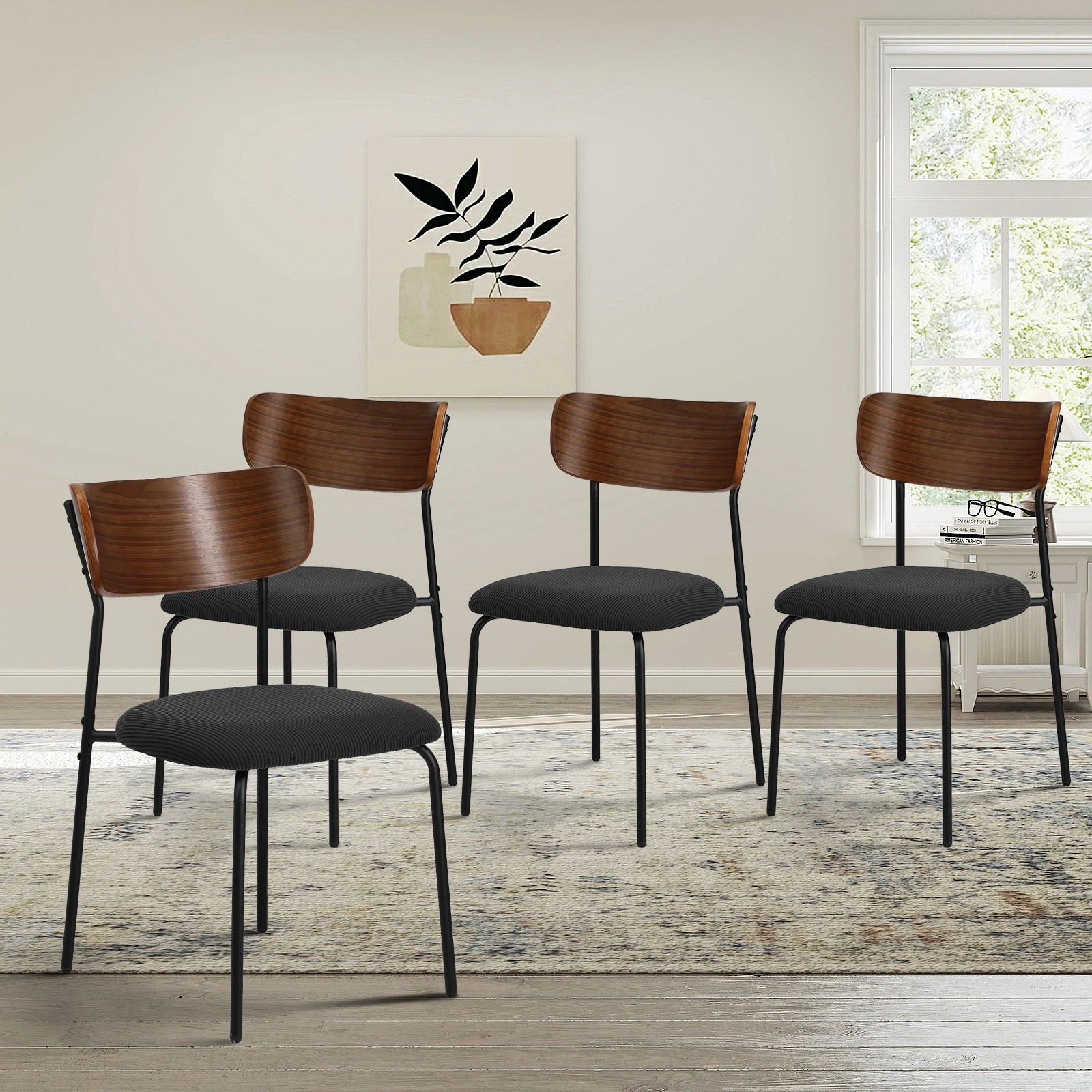 3 Oikiture 4PCS Dining Chairs Kitchen Chair Padded Lounge Seat Corduroy - Black, 3 of 10