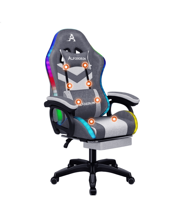 Alfordson Gaming Chair Office 12 RGB LED Massage Computer Fabric Seat - Grey