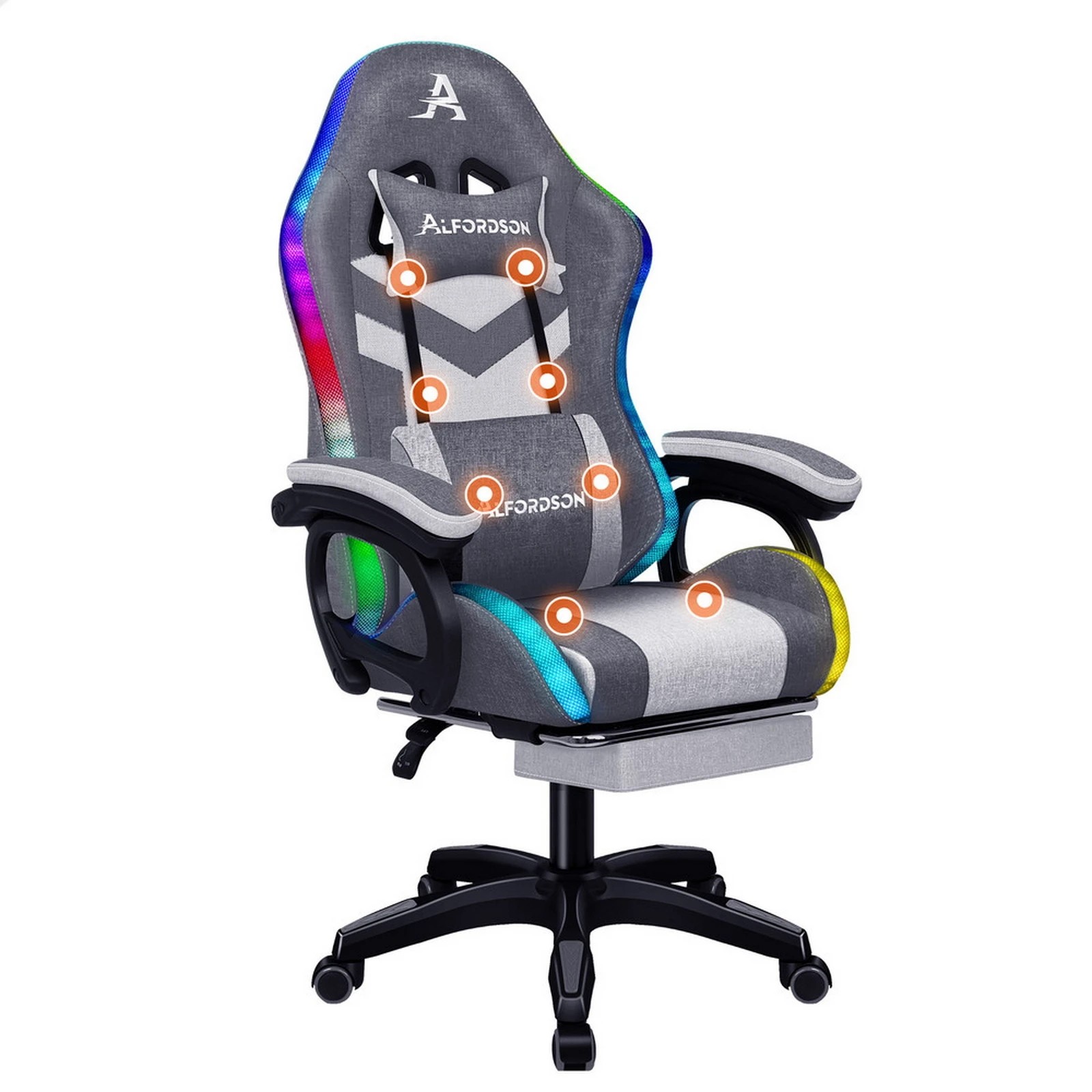 1 Alfordson Gaming Chair Office 12 RGB LED Massage Computer Fabric Seat - Grey, 1 of 10