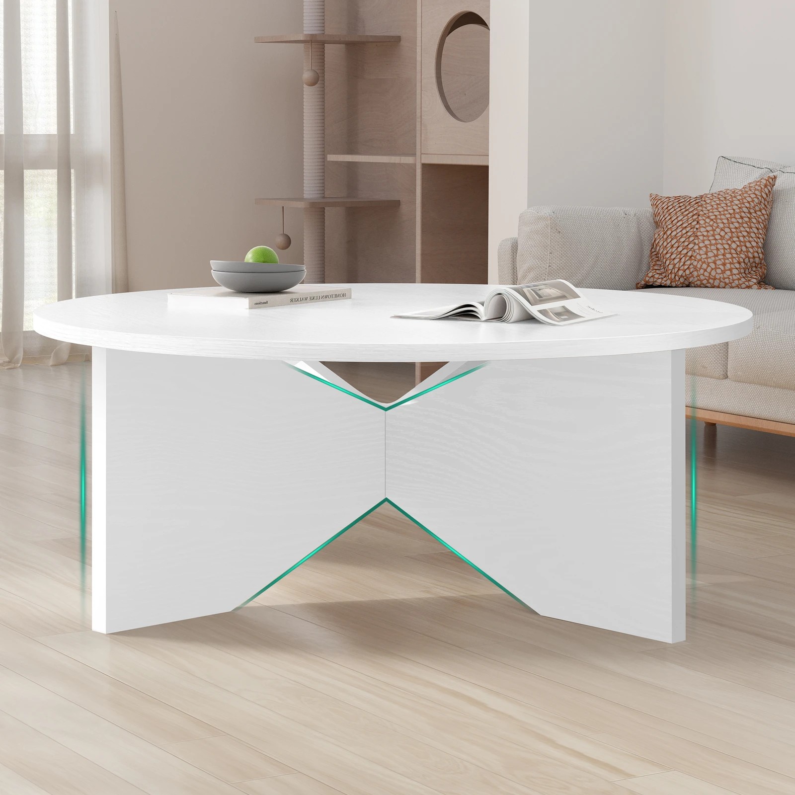 9 Alfordson Coffee Table Modern Round Table X-shape Wooden Legs Living Room - Oak, 9 of 10