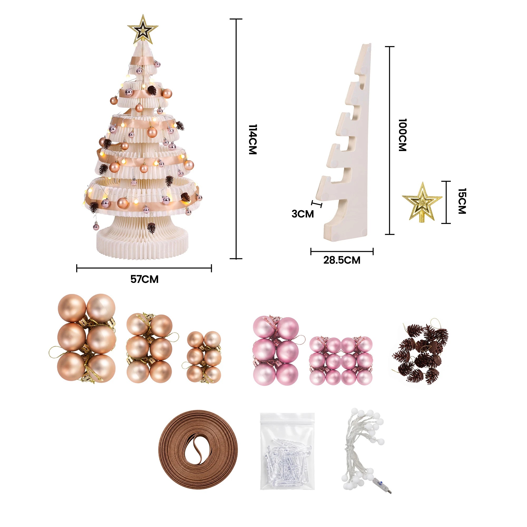 3 Jingle Jollys Paper Christmas Tree Foldable 114CM w/ Star Topper LEDs Xmas Decoration Kit - White, 3 of 9