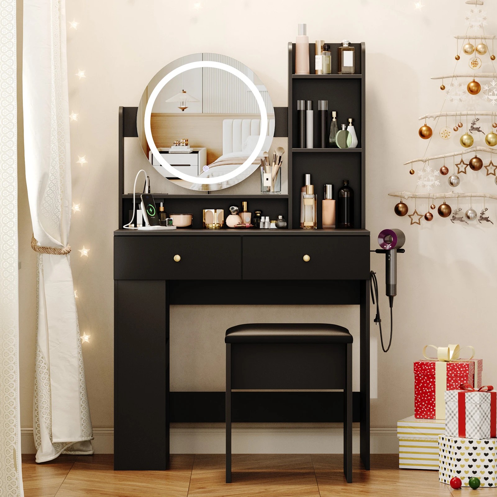 8 Advwin Dressing Table Set with LED Lighted Round Mirror - Black, 8 of 9