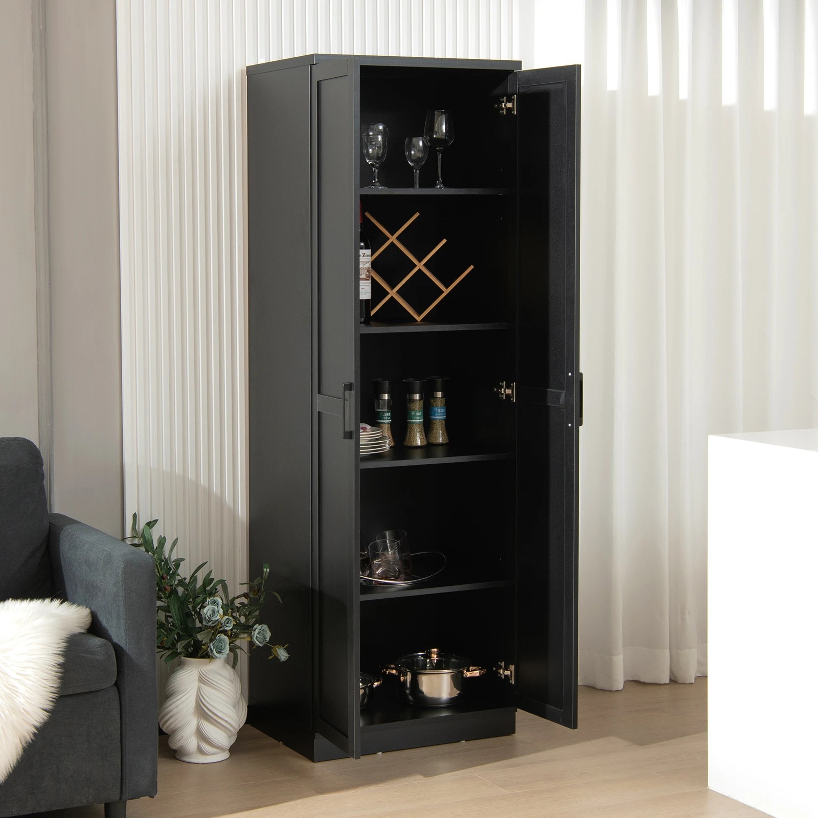 2 Costway Tall Cabinet Sideboard 2 Doors Black, 2 of 5