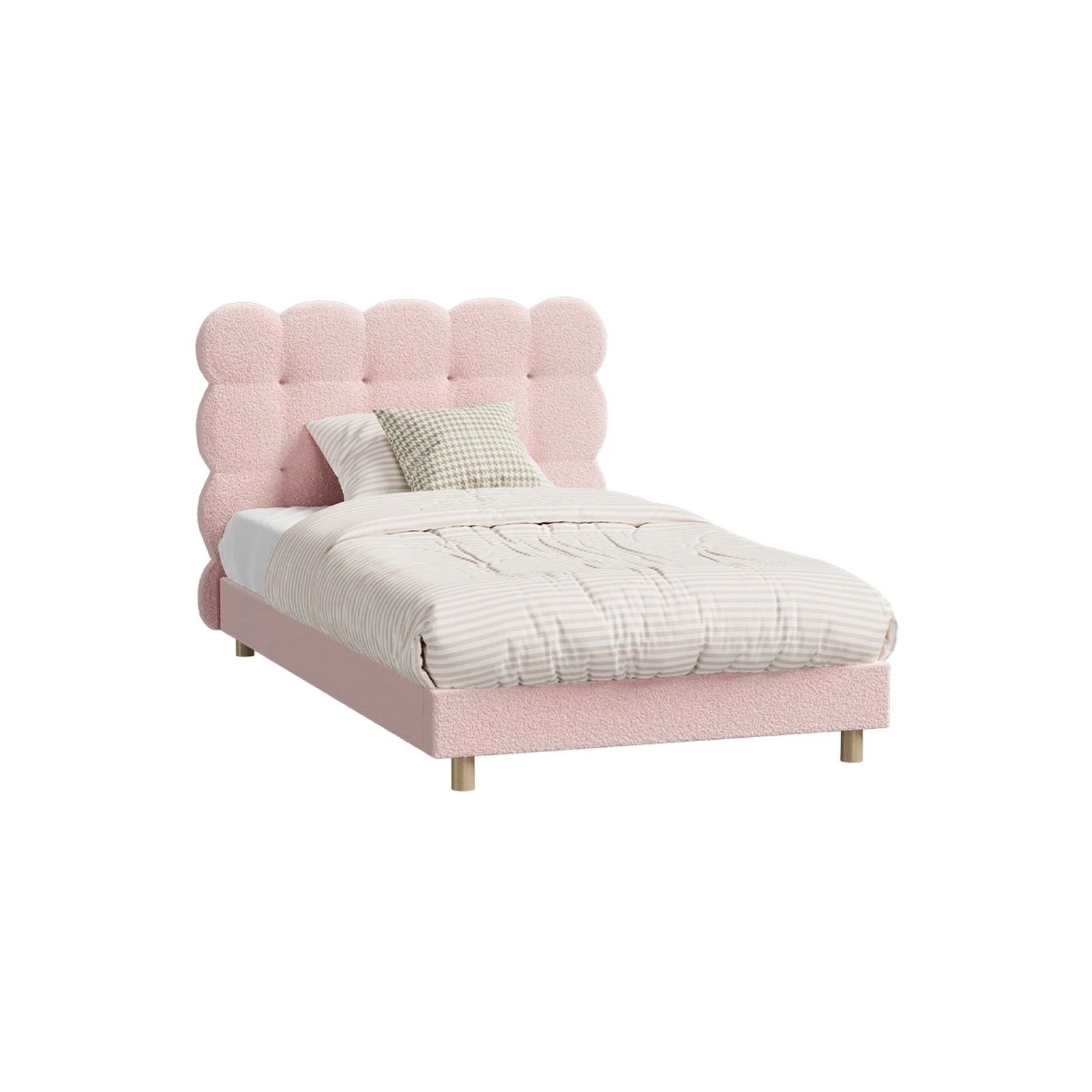 1 Oikiture King Single Bed Tufted Bedhead Boucle Bed Frame
 - Pink, 1 of 10