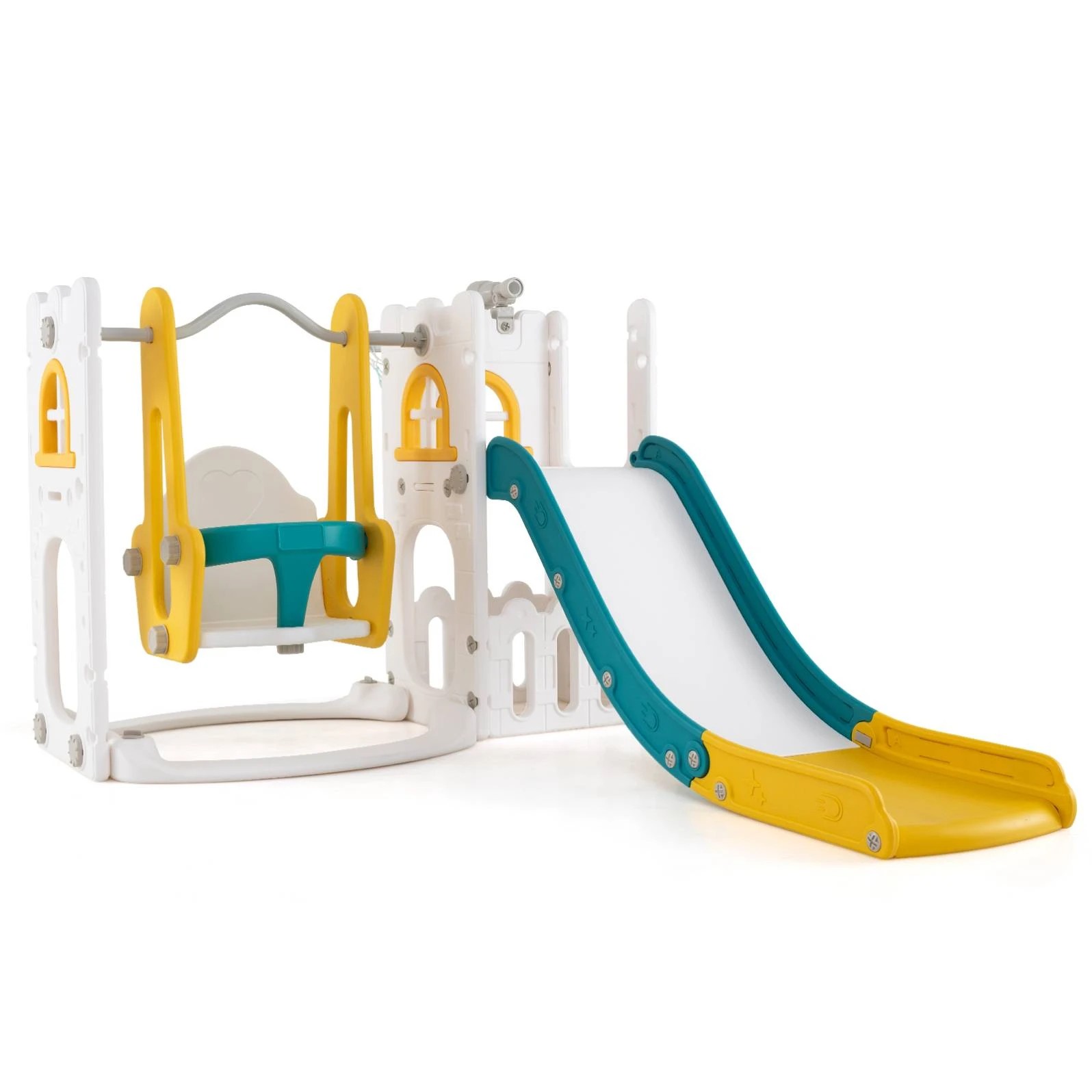 1 Costway 7-in-1 Kids Swing & Slide Set w/Water Sand Filled Base - Yellow, 1 of 1