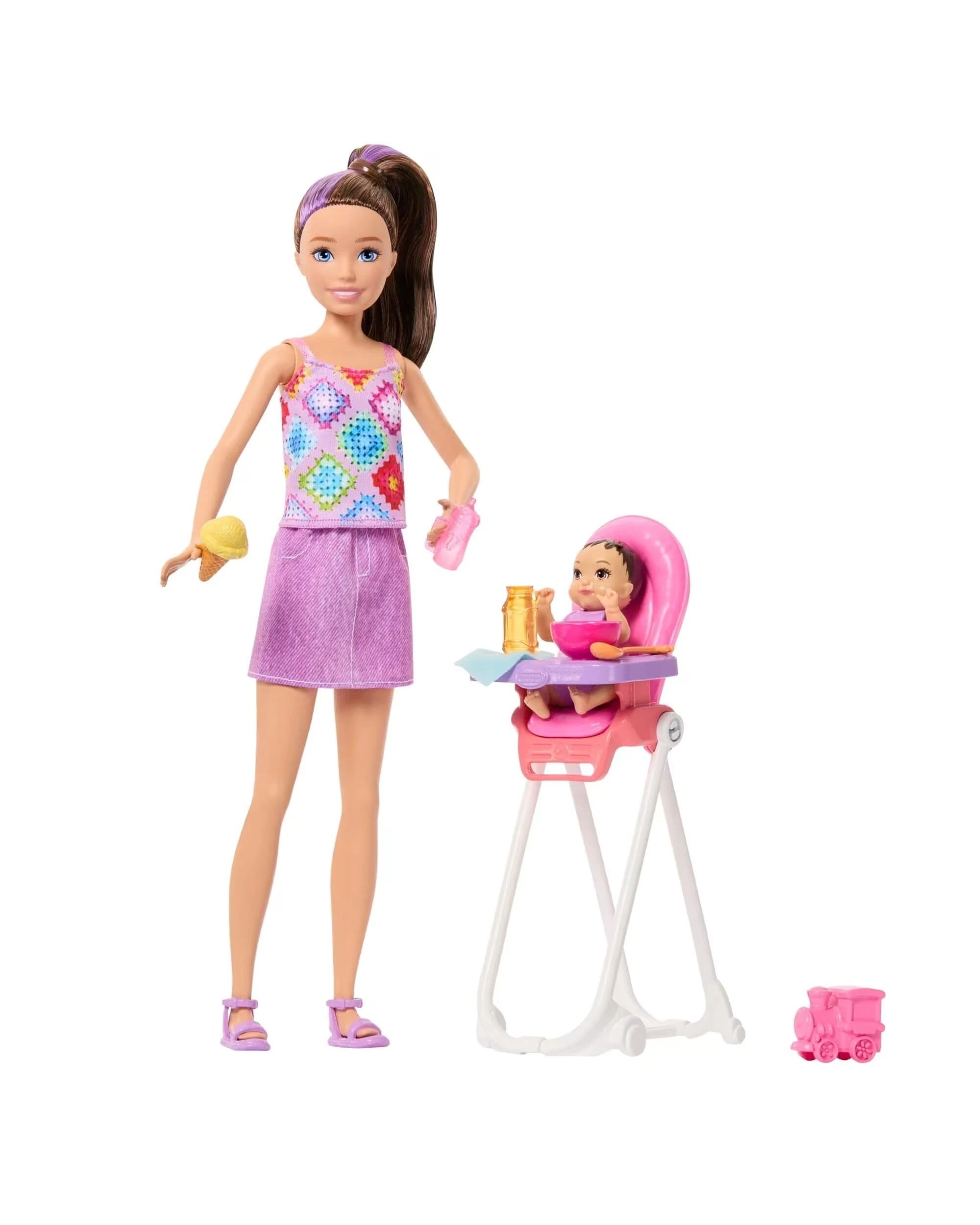 3 Barbie Family and Friends Skipper Babysitters Inc Brown/Purple Hair Doll and Baby Feeding Playset, 3 of 4