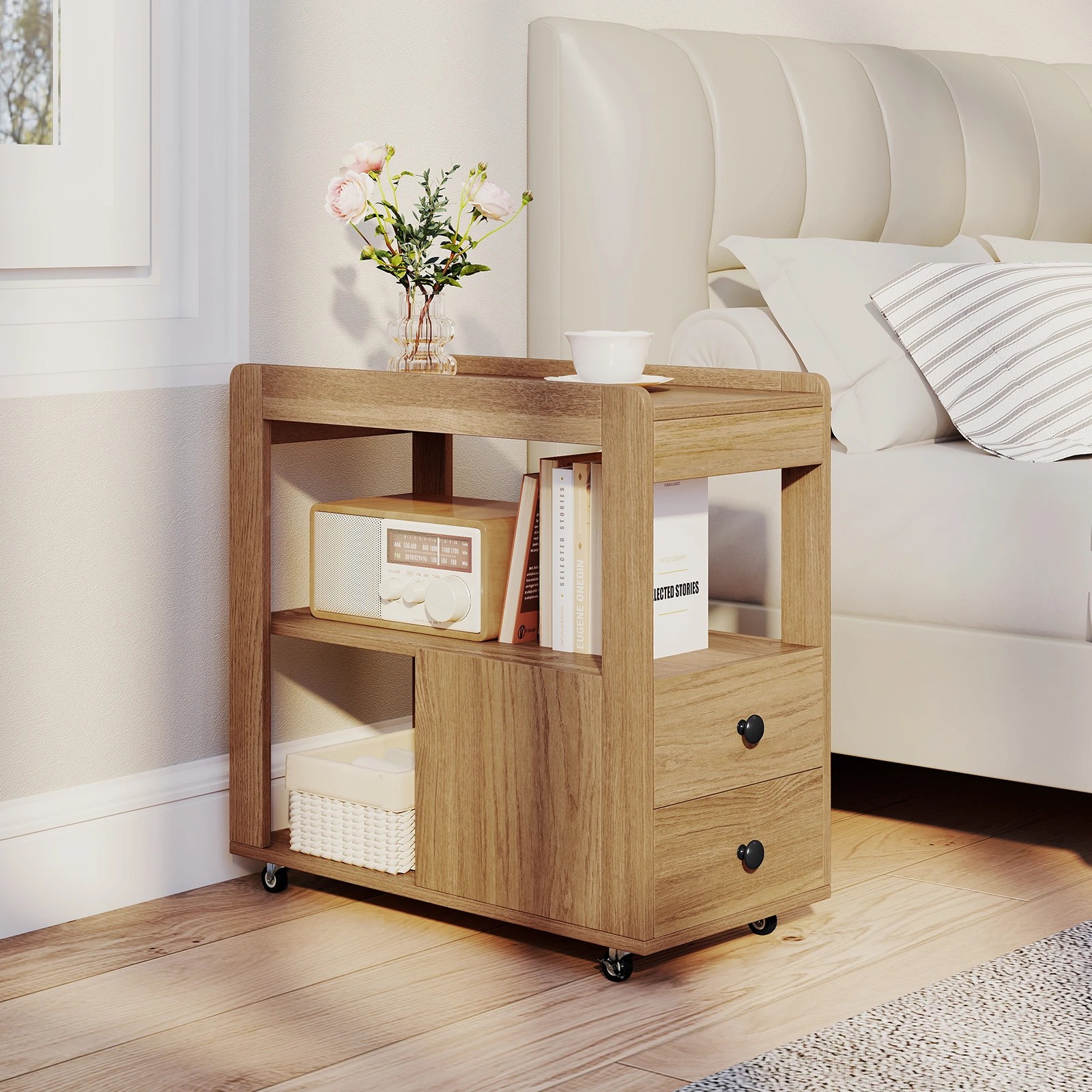 3 Costway 2 Drawers End Table Narrow Side Table w/Open Storage Shelf Rolling Bedside Table, 3 of 4