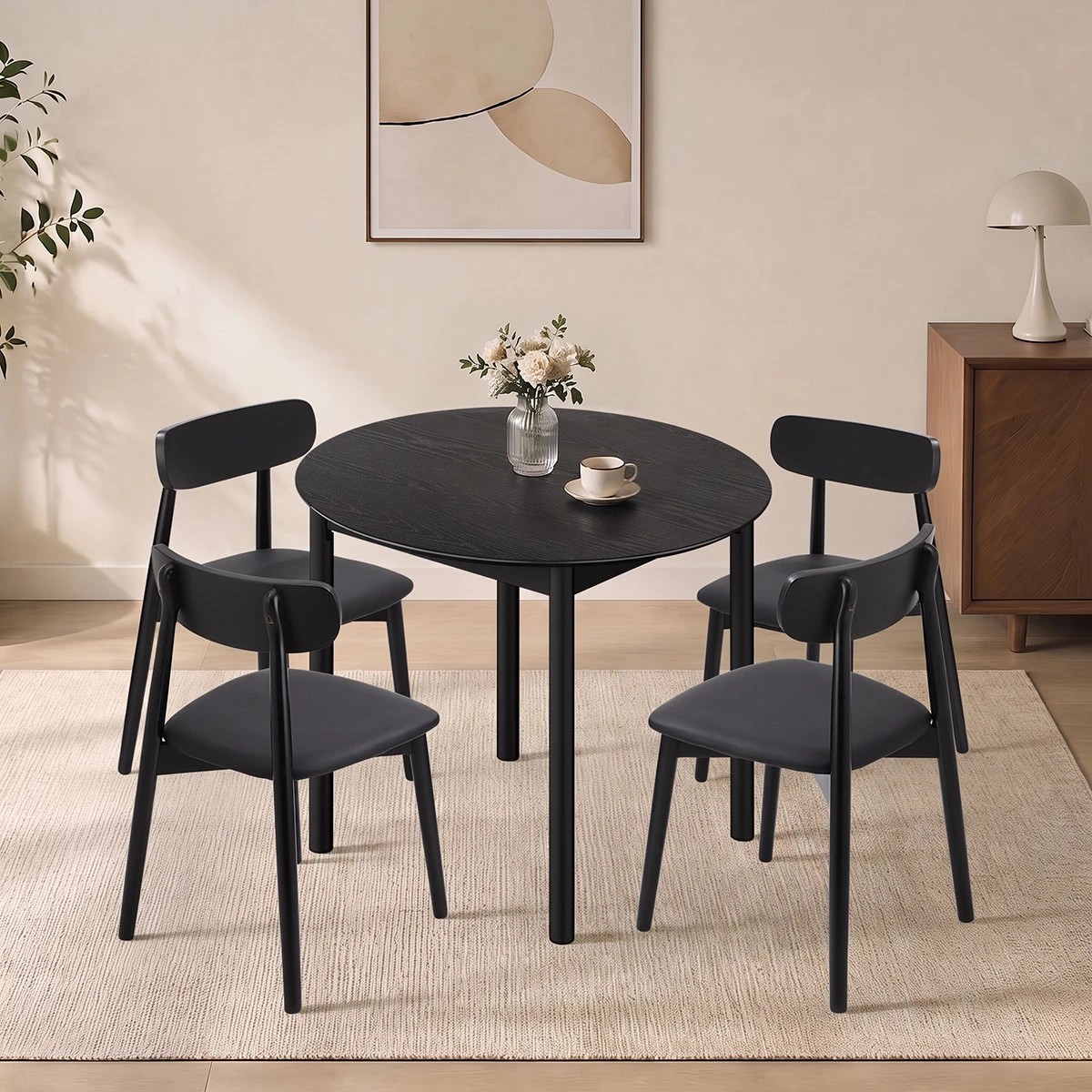 6 Oikiture 5PCS Dining Table Set 100cm Round Table 4 Rubberwood Dining Chairs - Black, 6 of 9