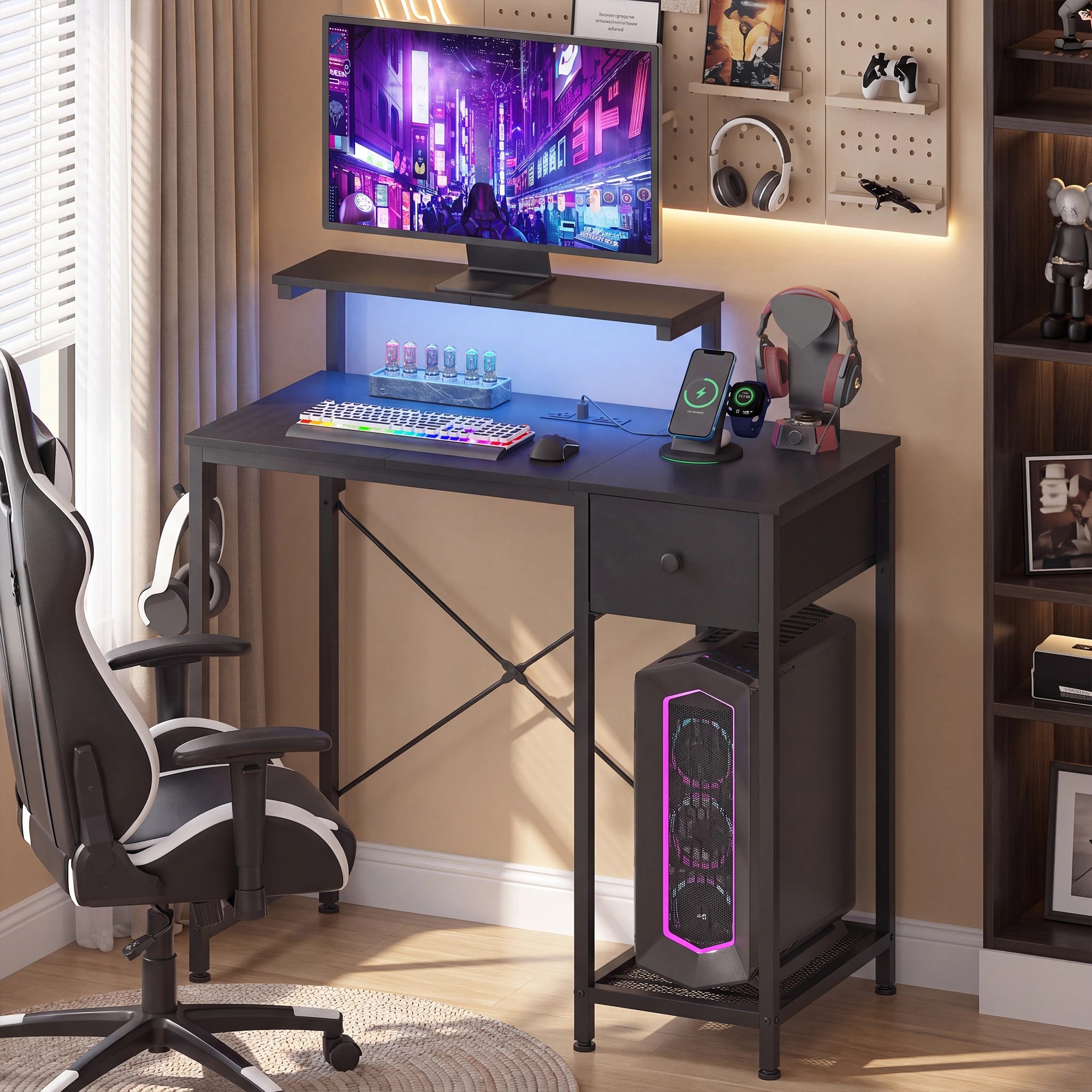 9 Advwin LED Gaming Desk with Adjustable Monitor Stand and Power Outlets Computer Desk with Reversible Shelf - Black, 9 of 9