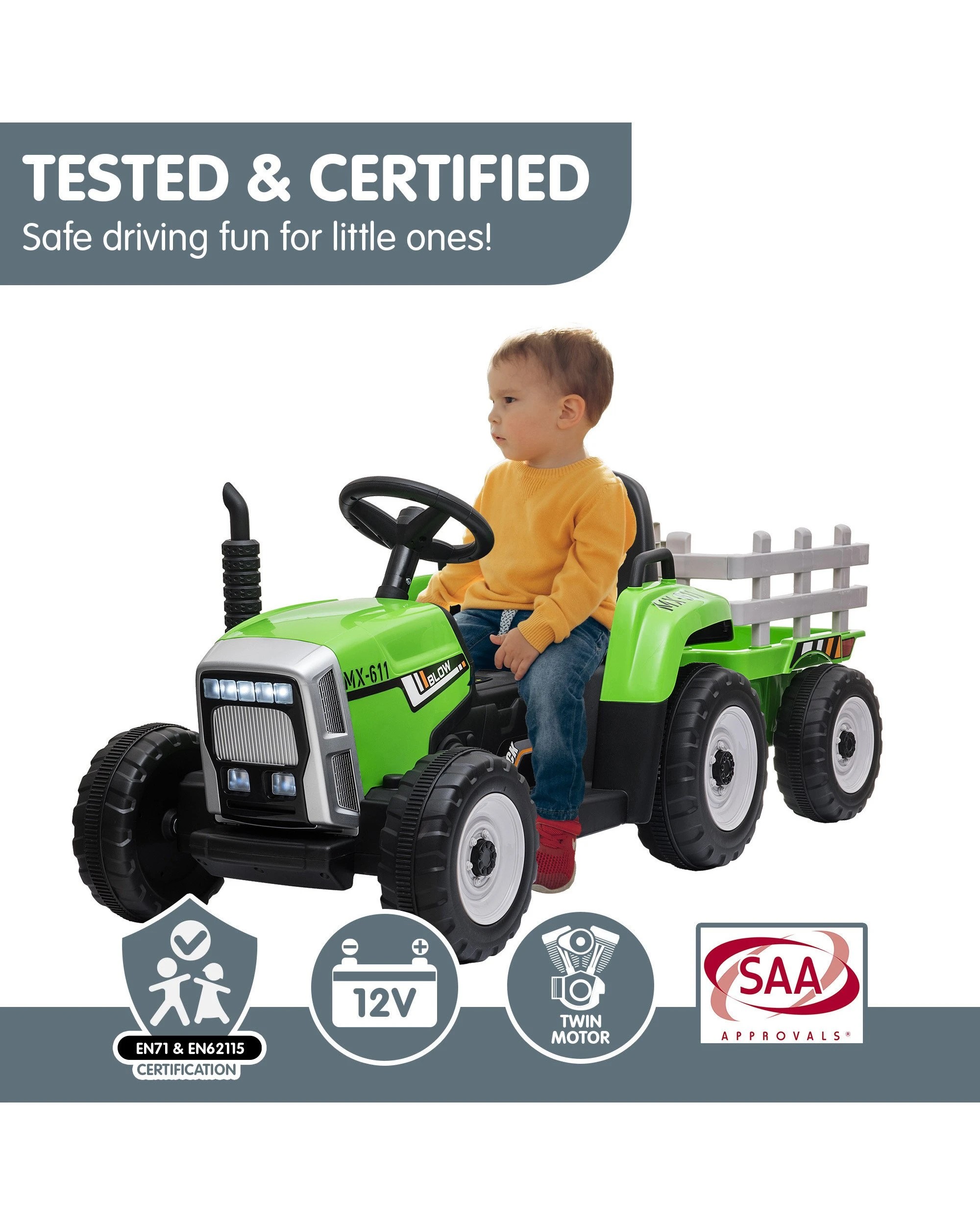 9 Kahuna MX-611 Kids Electric Ride On Tractor Trailer Car Green Grey, 9 of 10