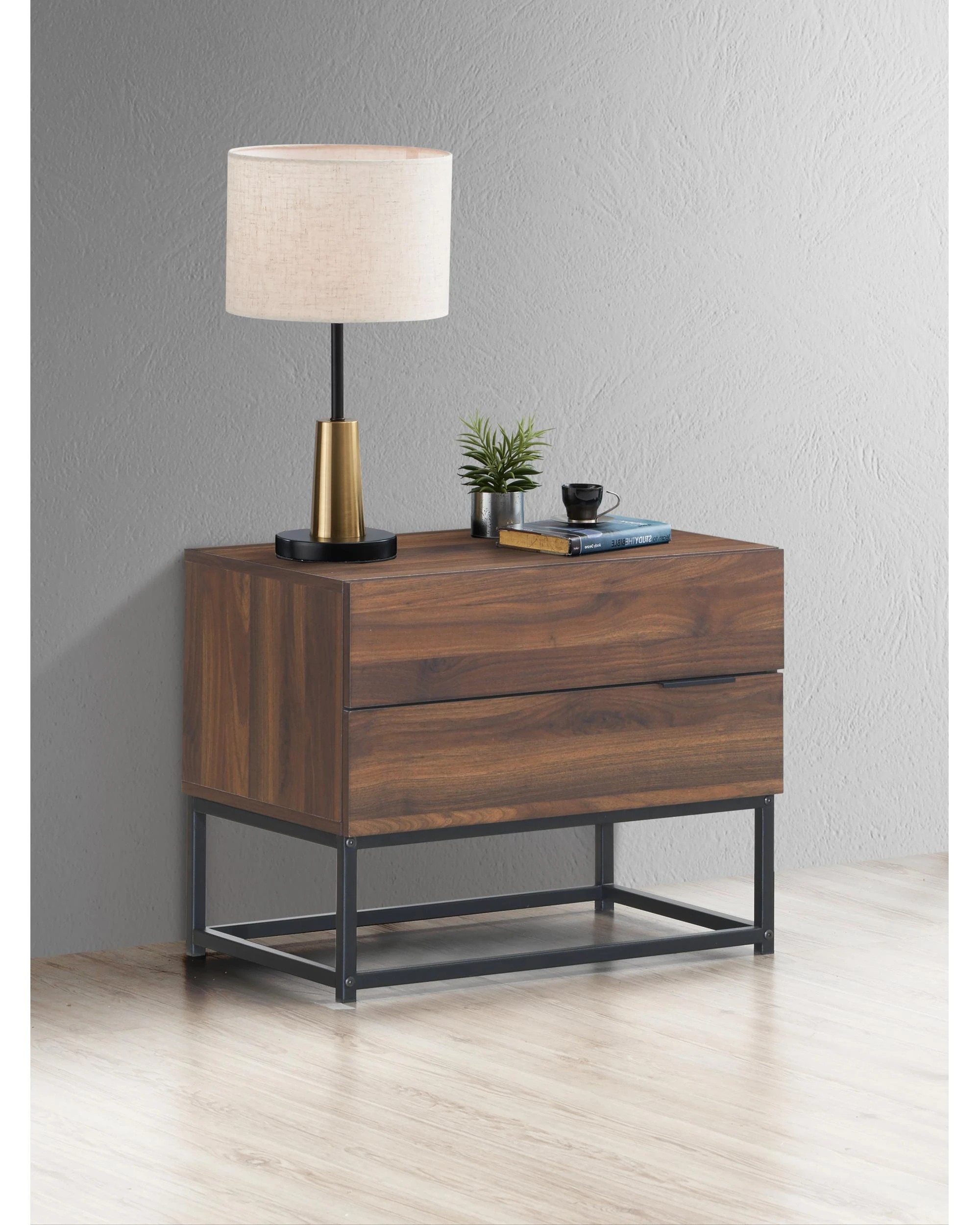 2 Kodu Bedside Table 2 Drawer Industrial Side Table Nightstand woodgrain - Brown, 2 of 5