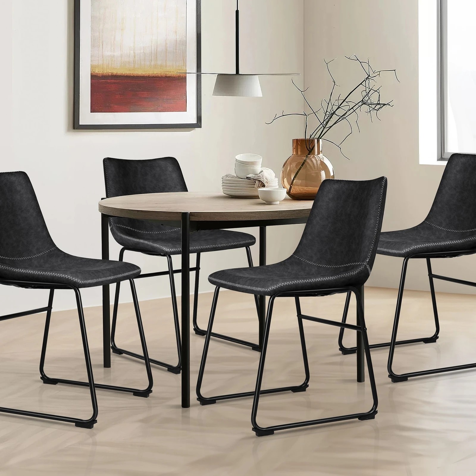 3 Alfordson 2x Dining Chairs Kitchen Lounge Cafe Seat Retro PU Leather - Black, 3 of 10