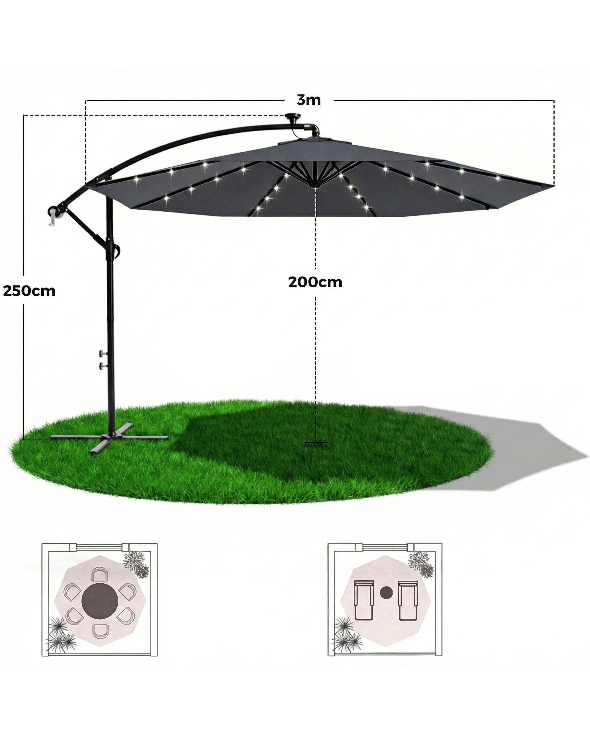 7 Advwin Outdoor Umbrella Cantilever 3m with Solar LED Lights - Gray, 7 of 7