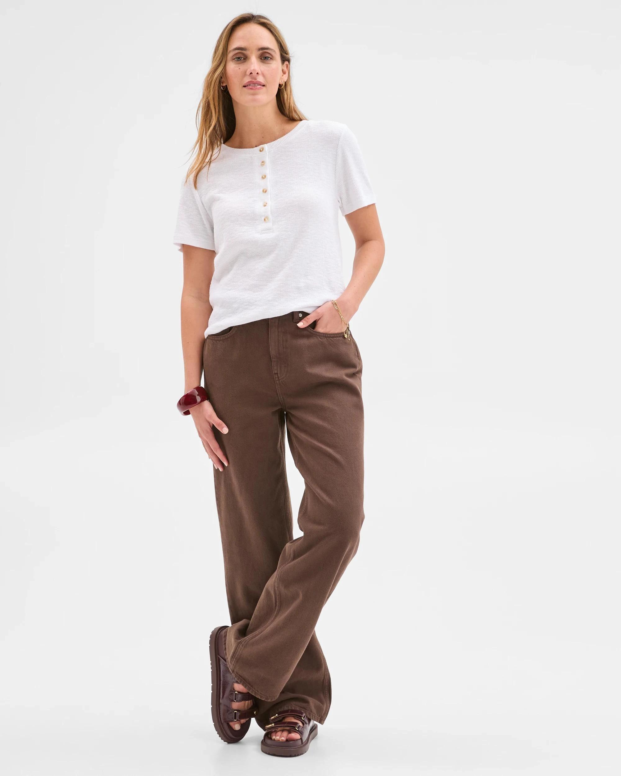 1 Target Woman Australian Cotton Blend Textured Rib Henley T-Shirt WHITE, 1 of 5