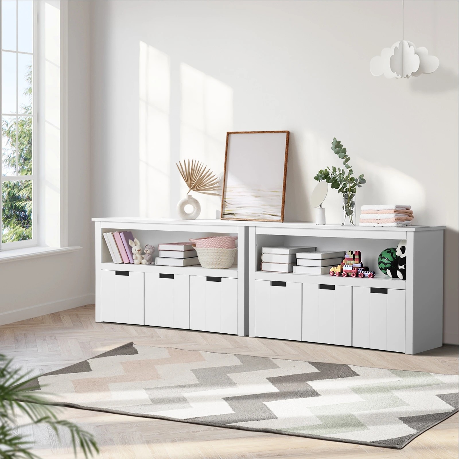 3 Oikiture Wooden Kids Toy Storage Cabinet Bookshelf With Portable Storage Box
 - White, 3 of 10