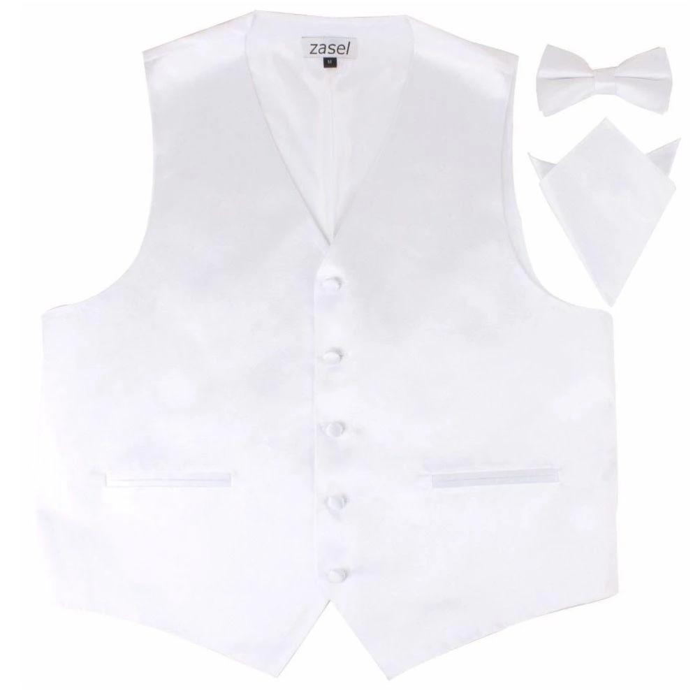 1 Zasel Mens Plain Vest Waistcoat & Matching Bow Tie & Pocket Square WHITE, 1 of 1