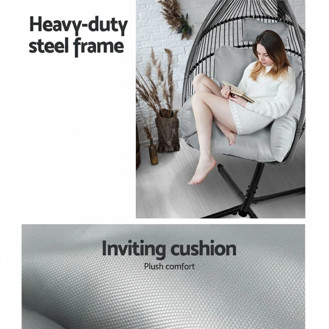 3 Gardeon Outdoor Egg Swing Chair Wicker Rope Furniture Pod Stand Cushion - Grey, 3 of 6